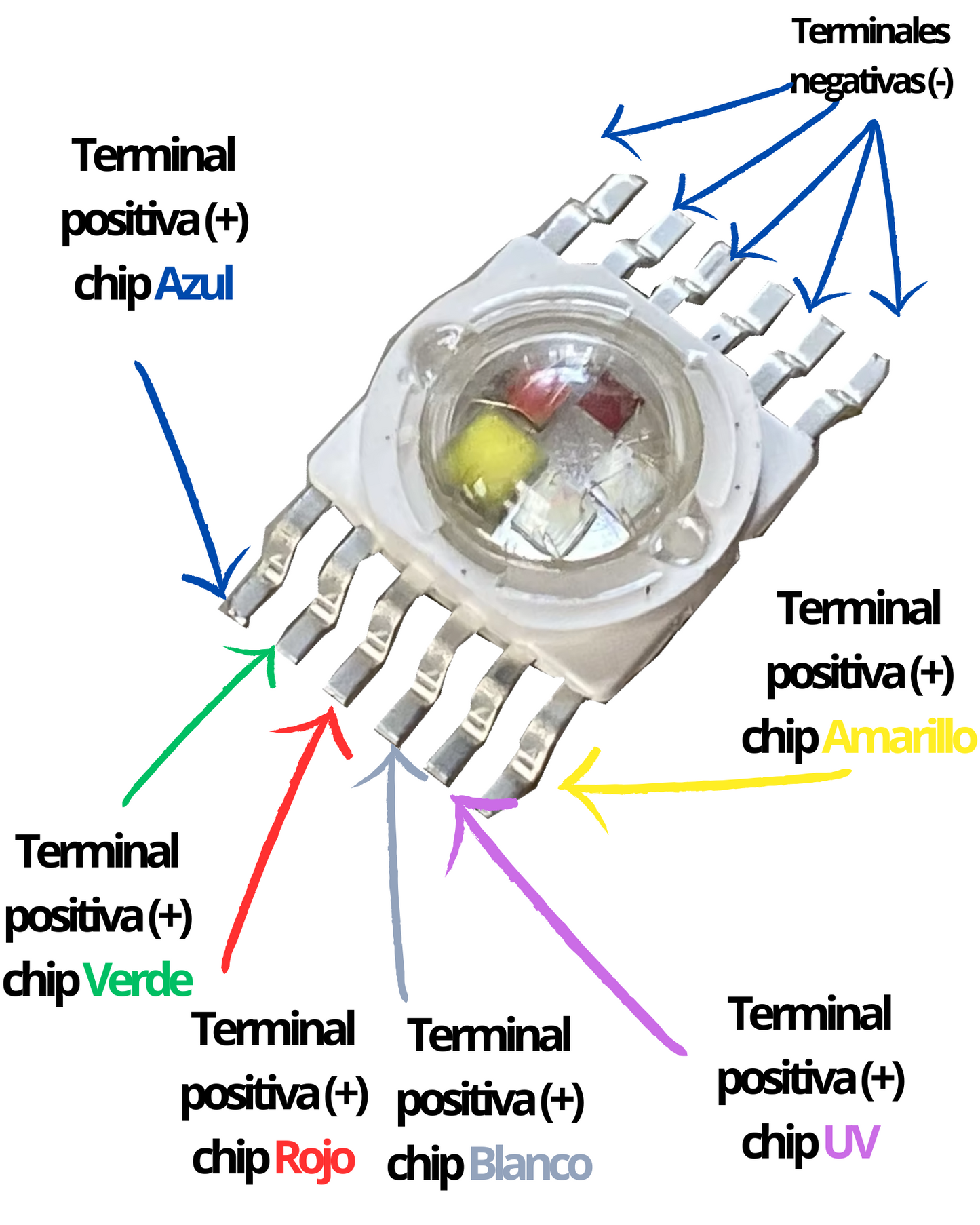 Chip LED de potencia 12W RGBWIY 12 pines | Pastilla LED RGB+ Blanco + Amarillo + UV