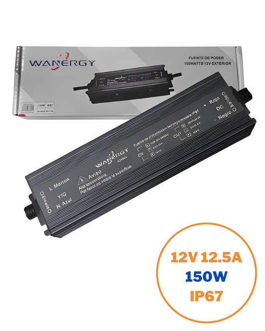 Fuente conmutada para exterior IP67 150W 110 VAC - 220 VAC | Fuente de alimentación impermeable 12V 12.5A | Wanergy 67801