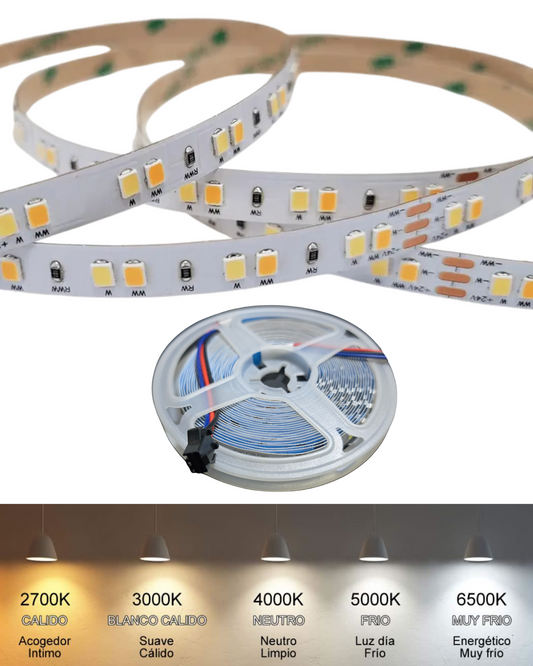 Tira LED Blanca 3 temperaturas 6500K + 3000K + 4500K | Rollo 5 metros tira LED para espejos