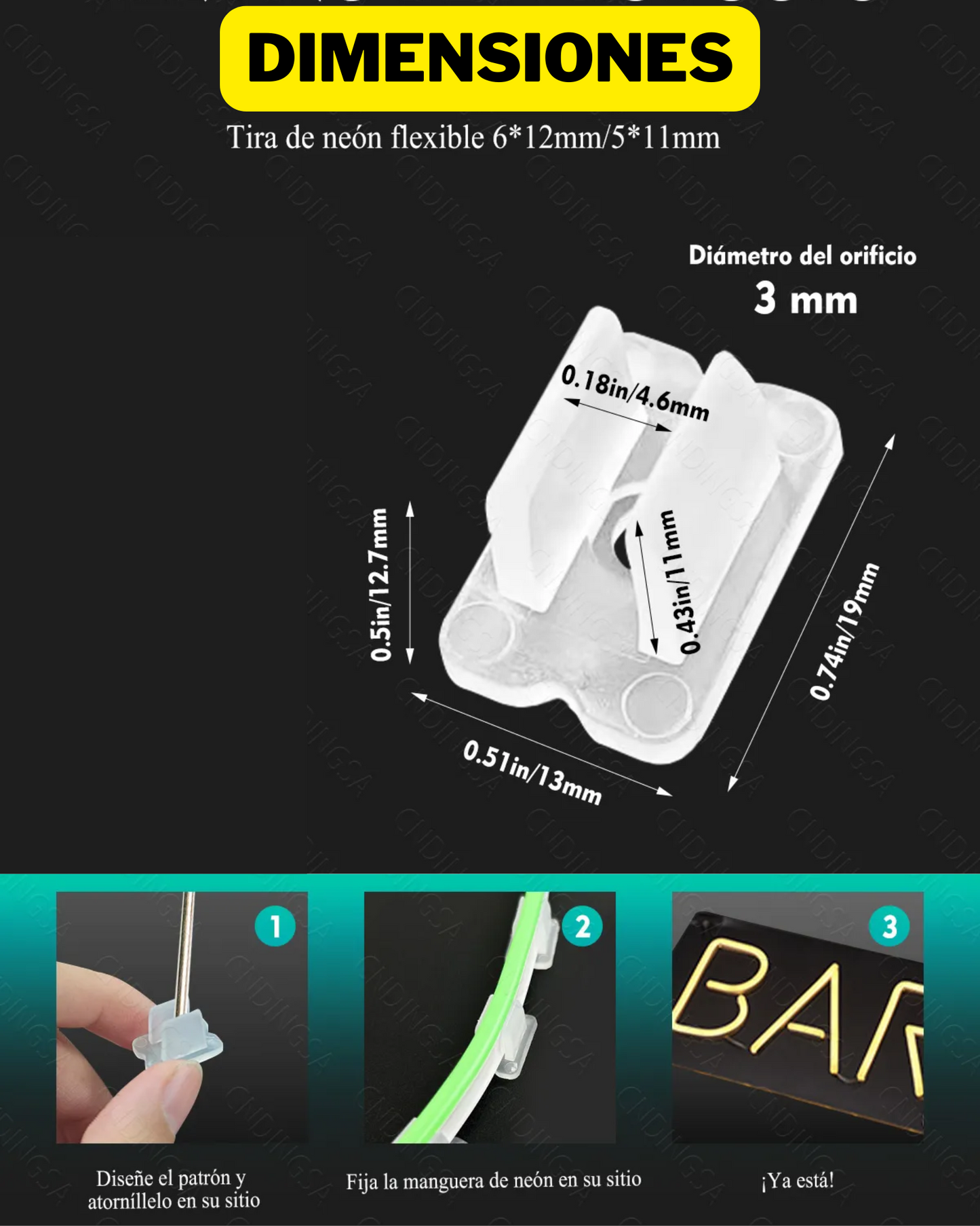 Grapa PVC para tira Neonflex 6x12mm | Grapa para sujetar tira de LED a pared