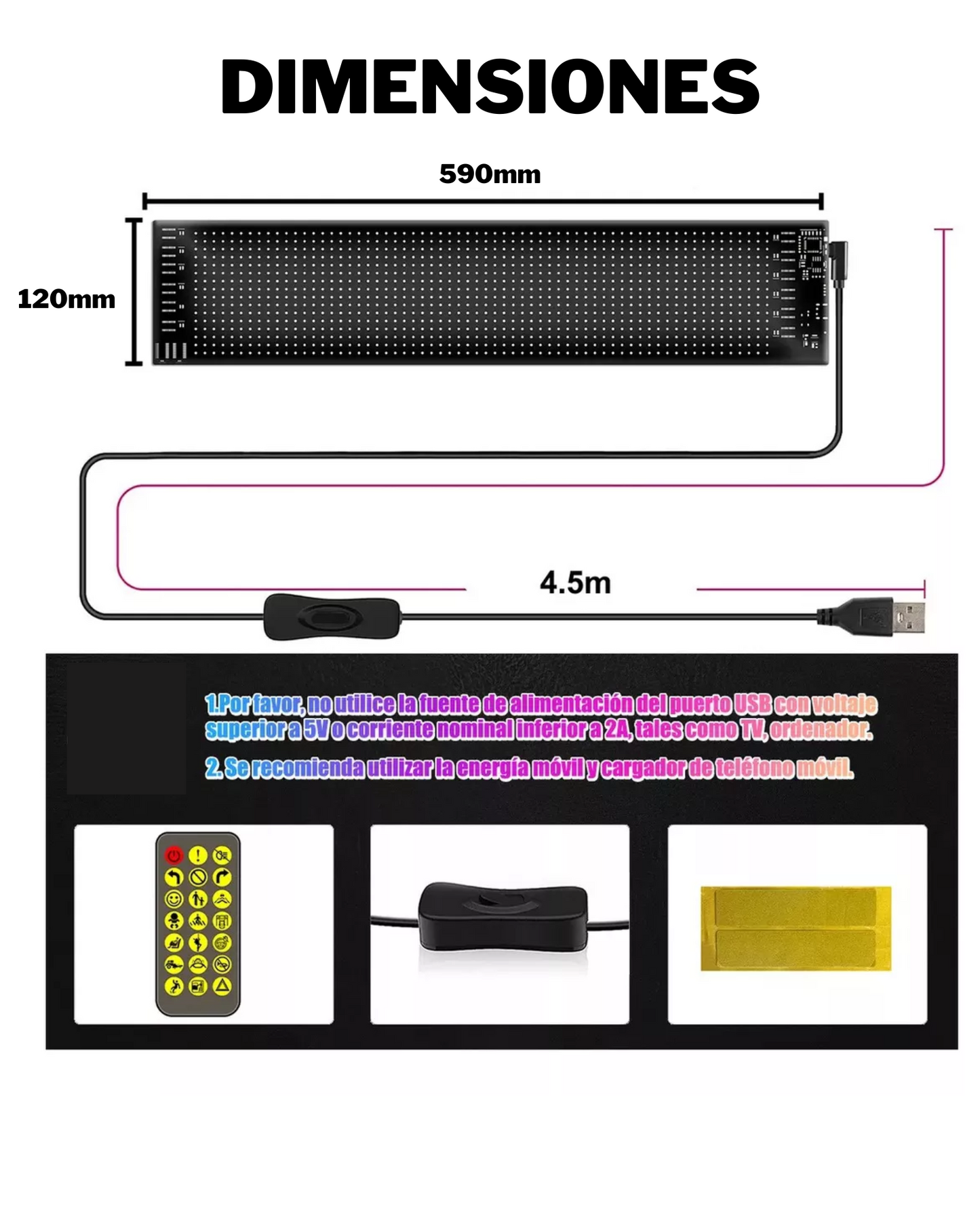 Letrero de ojos programable 120mm x 590mm | Letrero para parabrisas y medallón