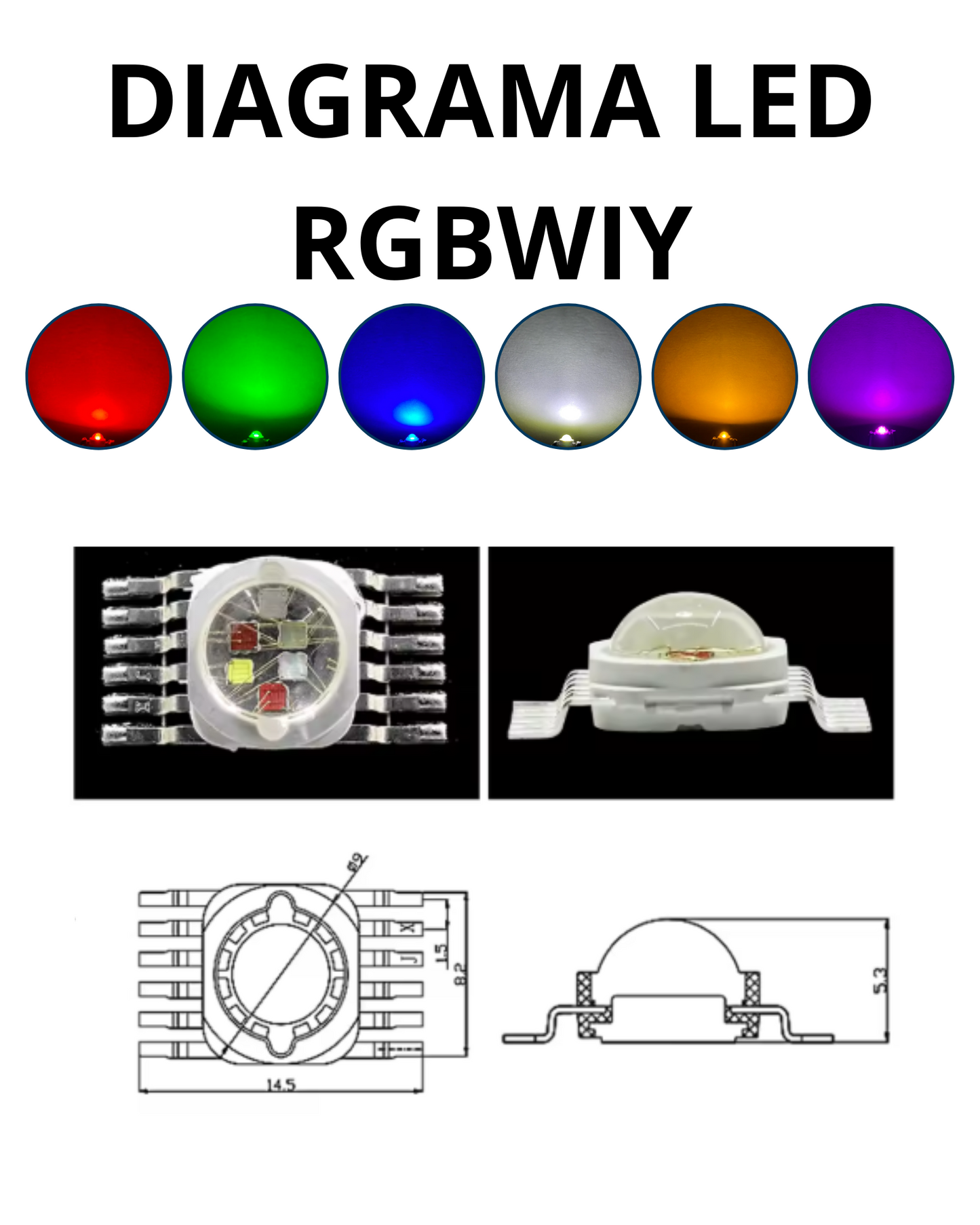 Chip LED de potencia 12W RGBWIY 12 pines | Pastilla LED RGB+ Blanco + Amarillo + UV