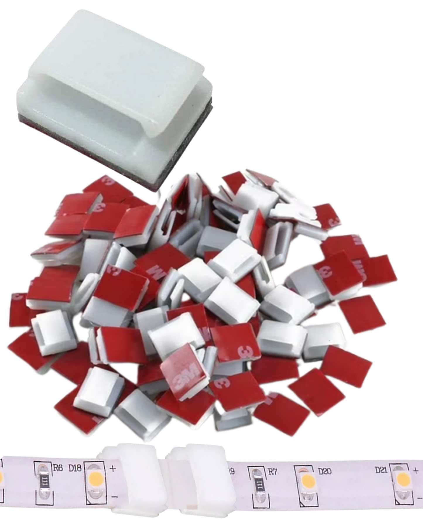 Base de plástico para tira LED | Grapa adherible | Clip de montaje con cinta doble cara para superficies planas para tira LED | Proximamente descontinuado