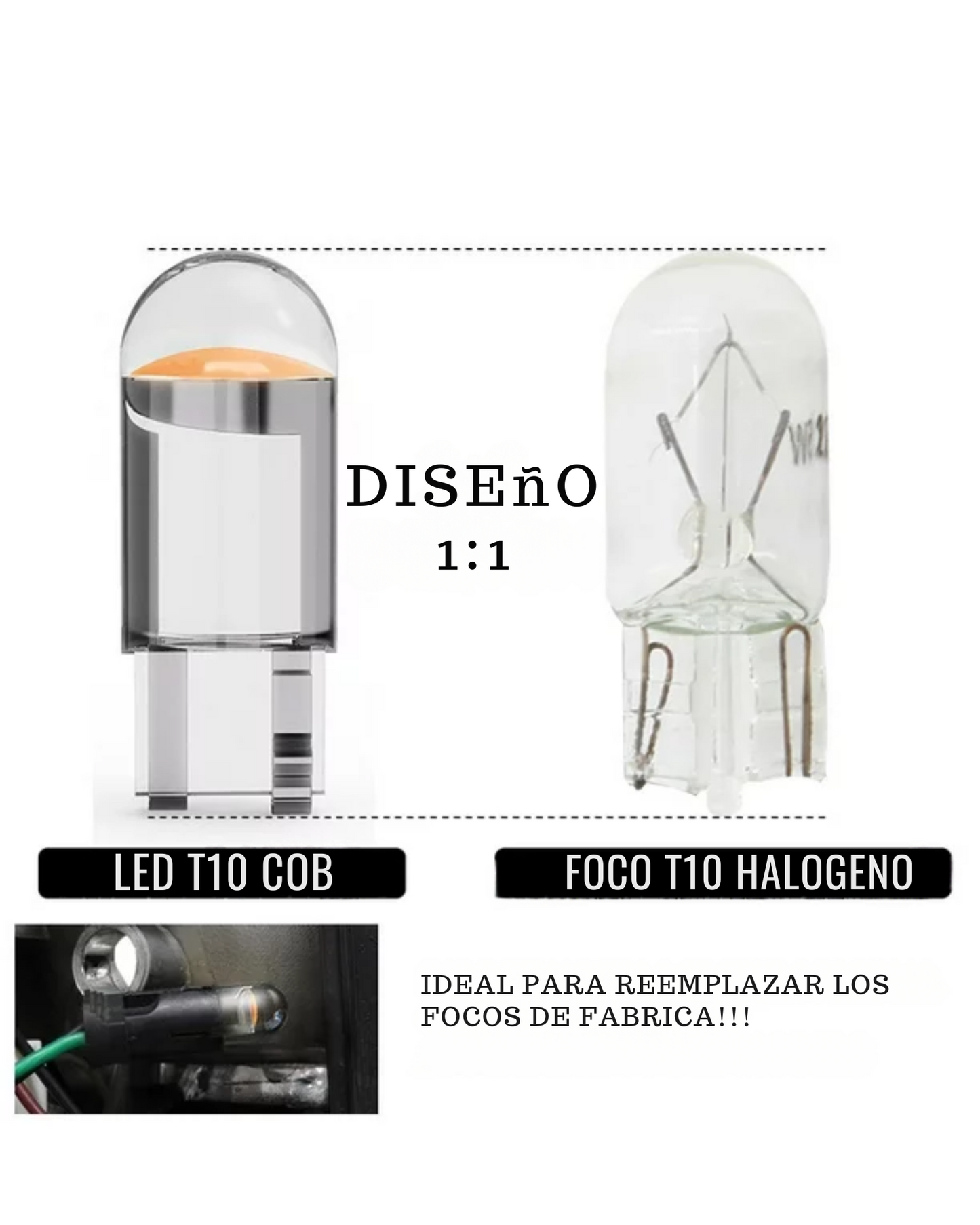 Foco LED pellizco automotriz tipo COB T10 | Foco para coche diferentes colores