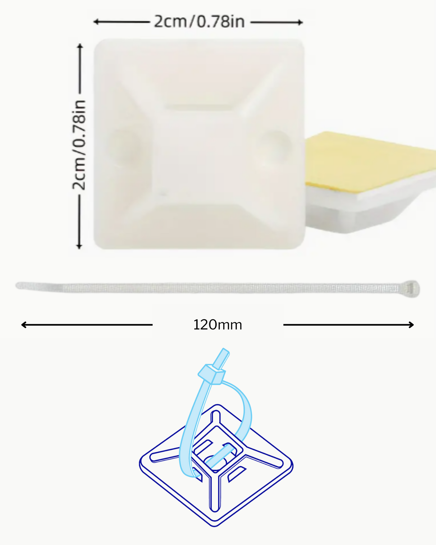 Sujeta cinchos 2cm | Soporte para cable autoadhesivo | Base para cincho de plástico
