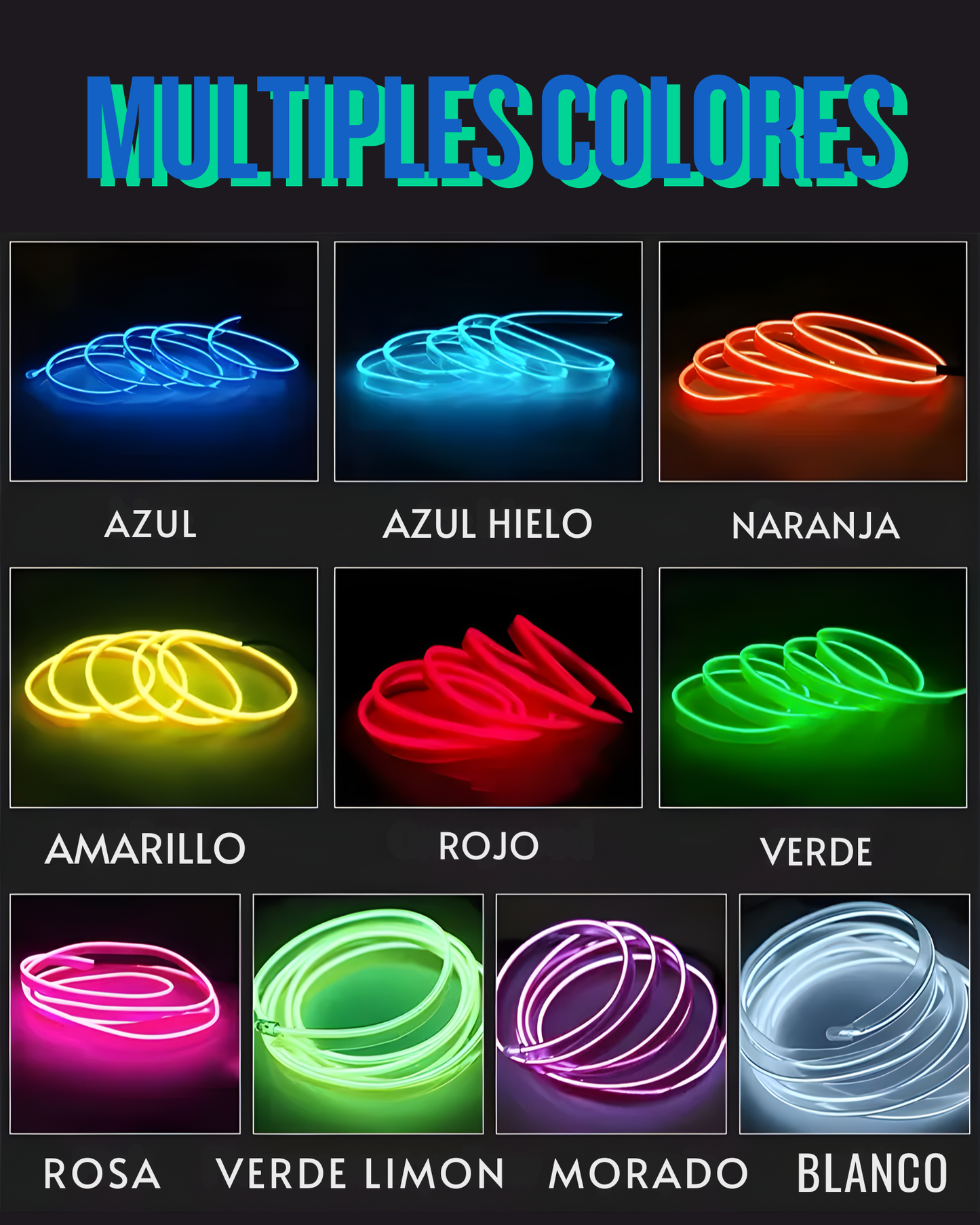 Hilo Neón RGB para coche | Hilo luminoso 3 metros con ceja para instalación | Hilo neón cambio de colores