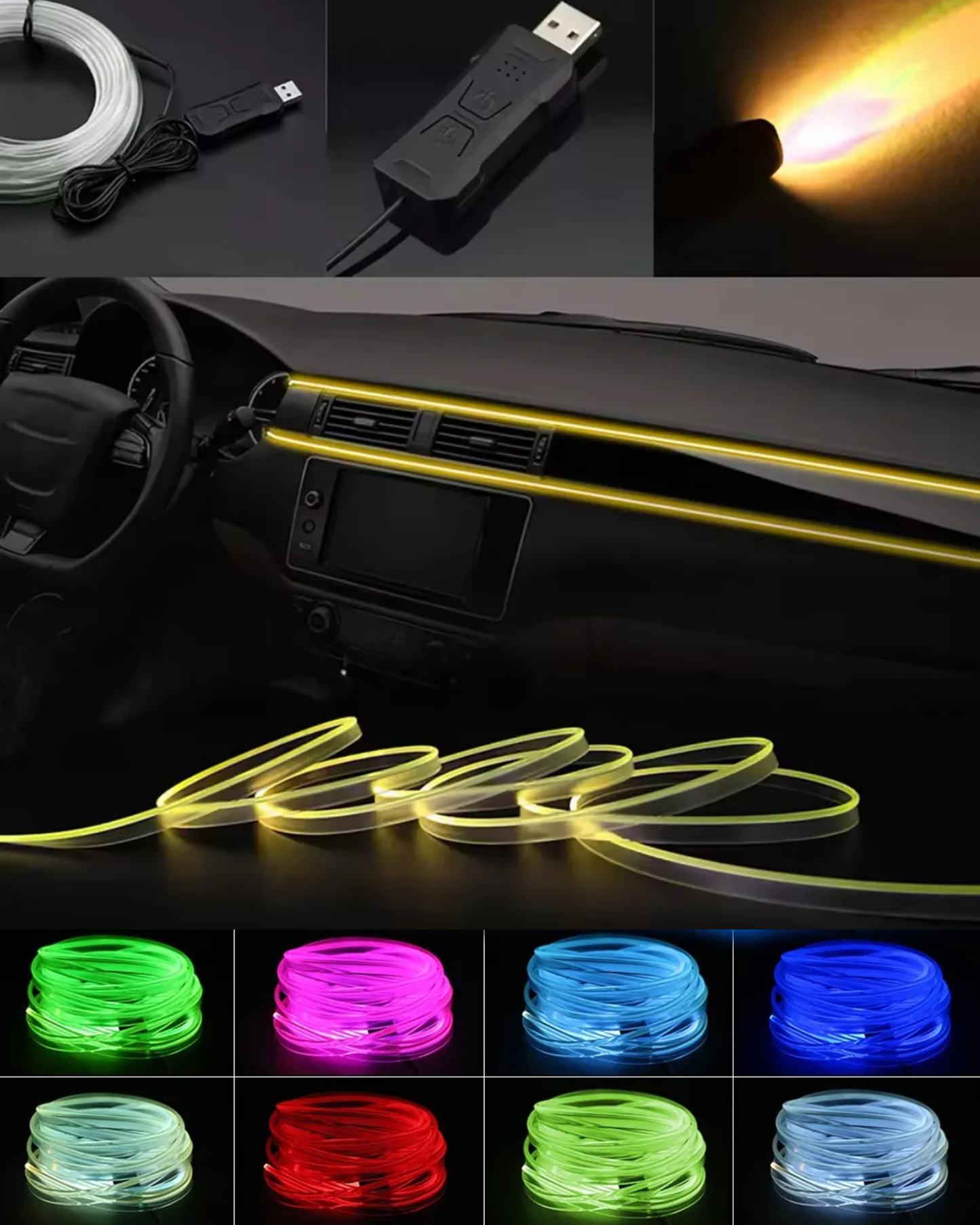 Hilo Neón RGB para coche | Hilo luminoso 3 metros con ceja para instalación | Hilo neón cambio de colores