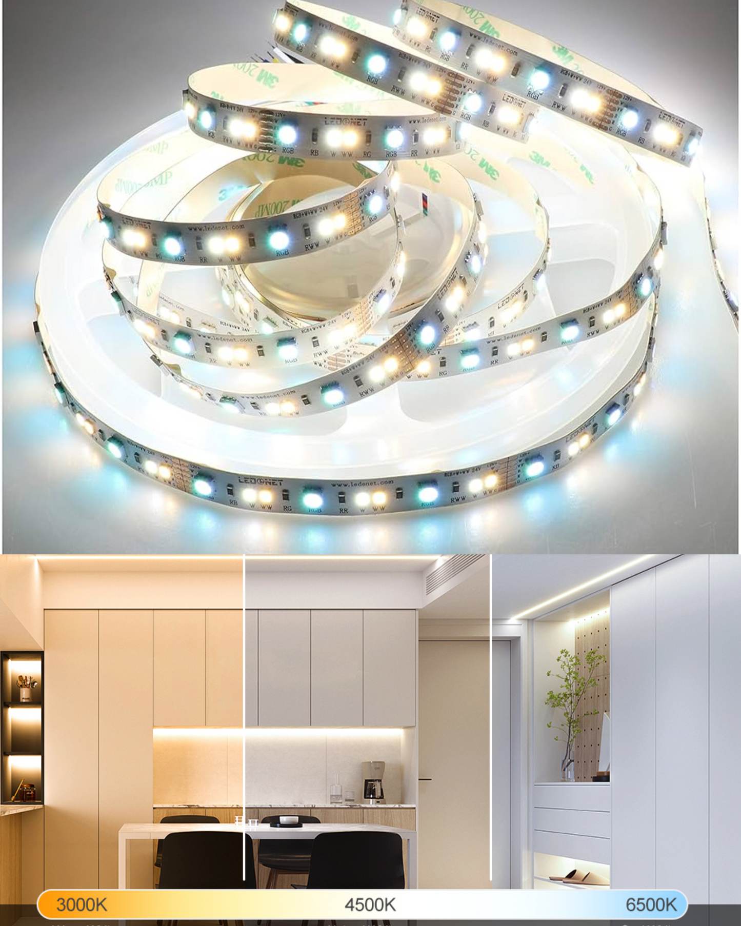 Tira LED Blanca 3 temperaturas 6500K + 3000K + 4500K | Rollo 5 metros tira LED para espejos