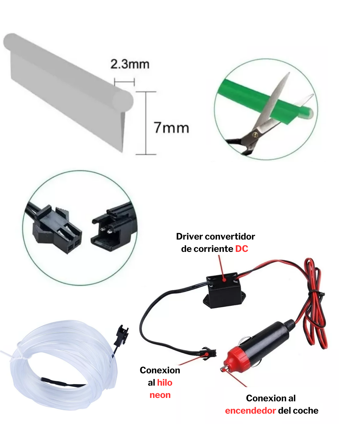 Hilo neón para coche con ceja para instalación | Hilo luminoso decorativo 3 metros