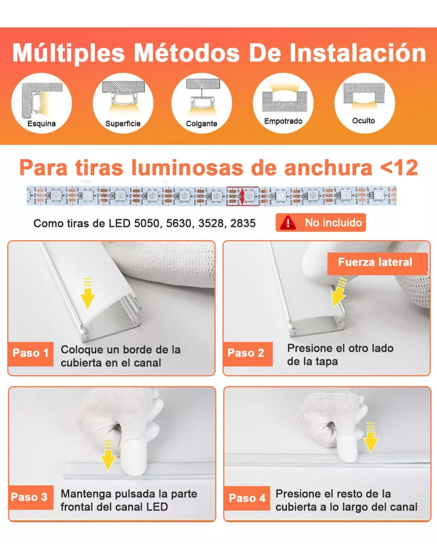 Perfil de aluminio para tira LED | Tramo de 1 metro de canaleta de metal para luz LED