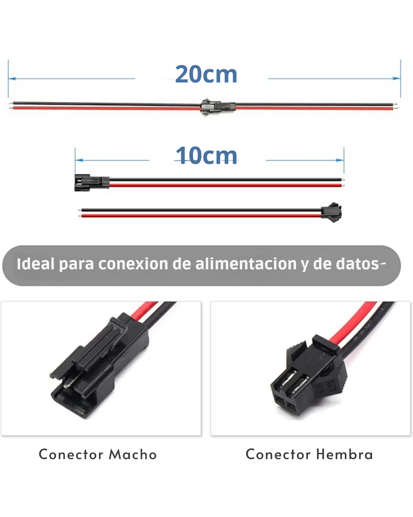 Arnés Conector 2 Pines Tira LED Macho - Hembra Universal JST | Conector rápido JST 2.54 para Tira de LED 2 cables
