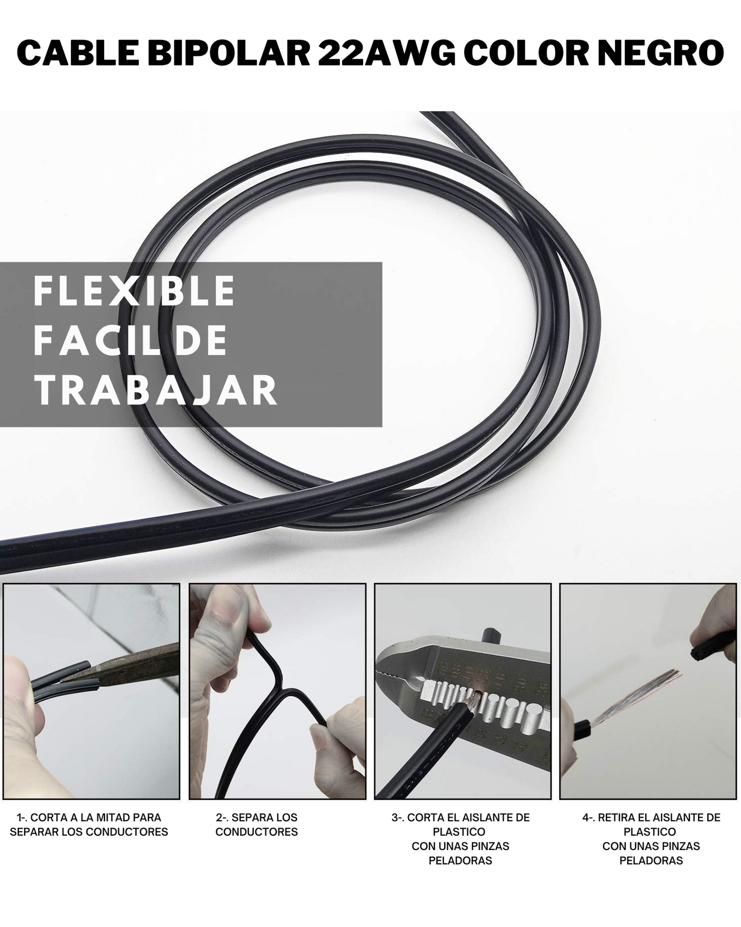 Cable para tira LED 2 hilos calibre 22AWG | Cable de alimentación de eliminador 2 vías color negro