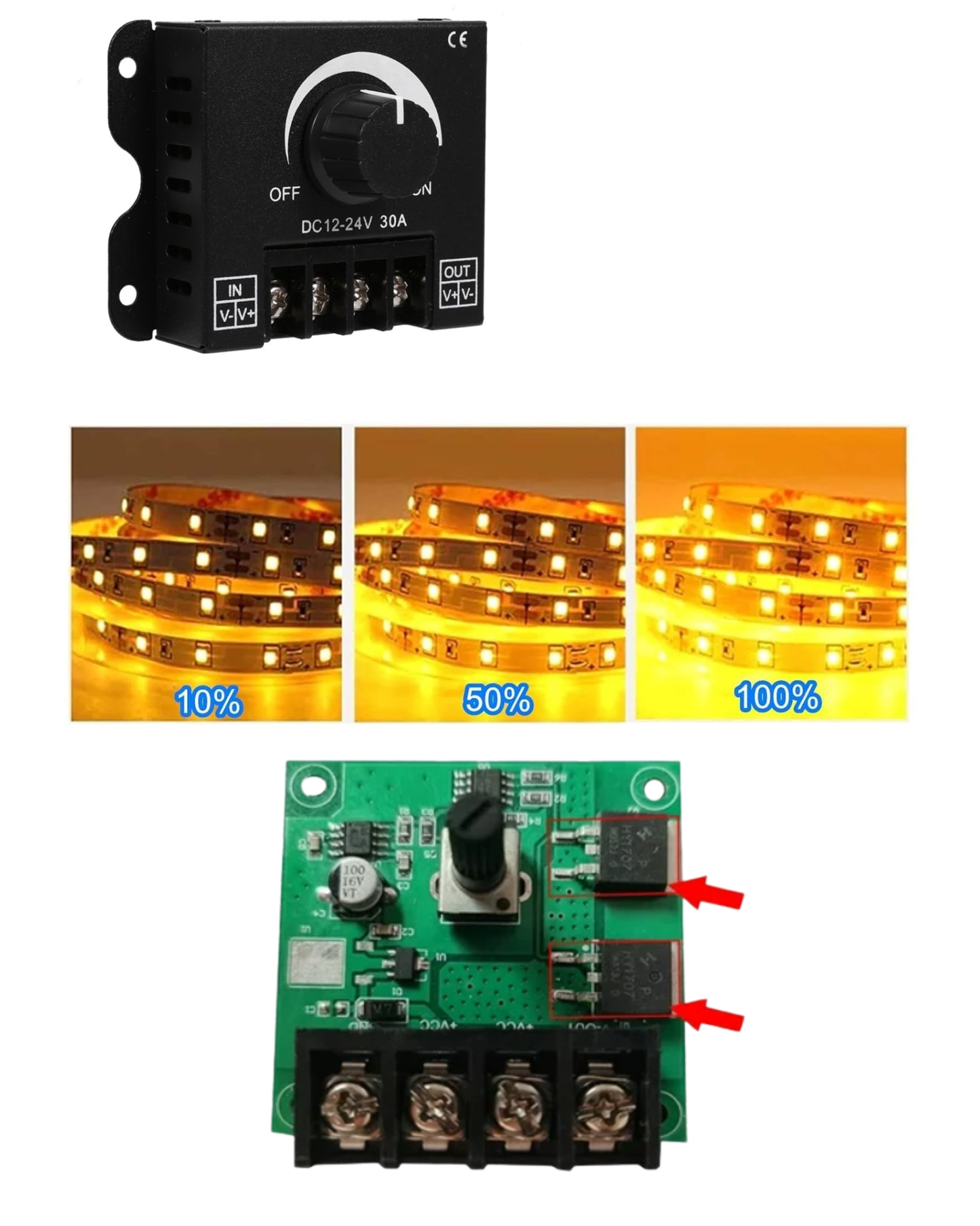 Regulador de luz LED 12V - 24V DC brillo ajustable | Dimmer para tira LED con interruptor de encendido