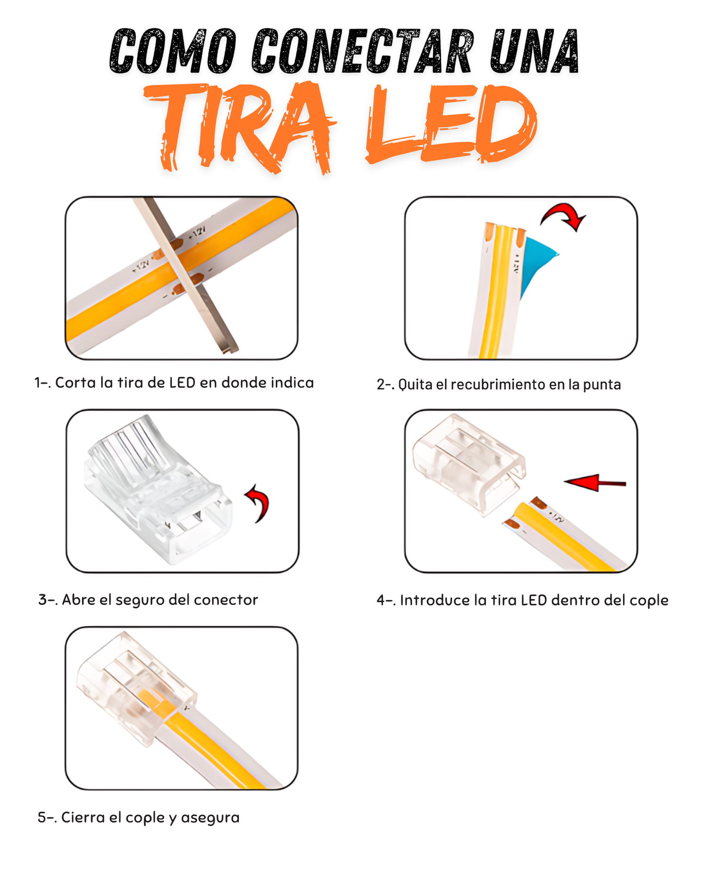 Conector transparente para Tira LED RGB COB 10mm | Cople empalme sin soldar para Tira de LED RGB COB