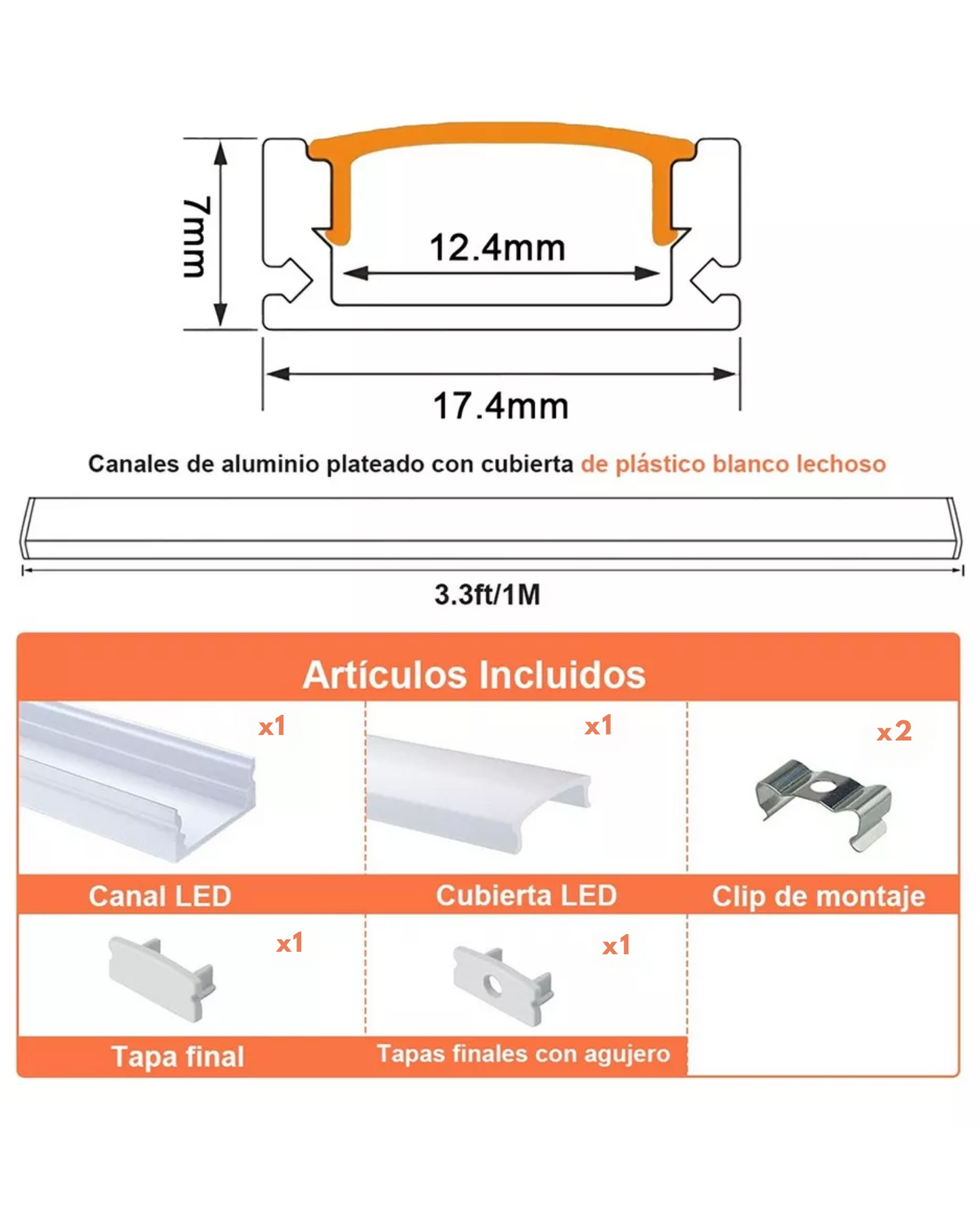 Perfil de aluminio para tira LED | Tramo de 1 metro de canaleta de metal para luz LED