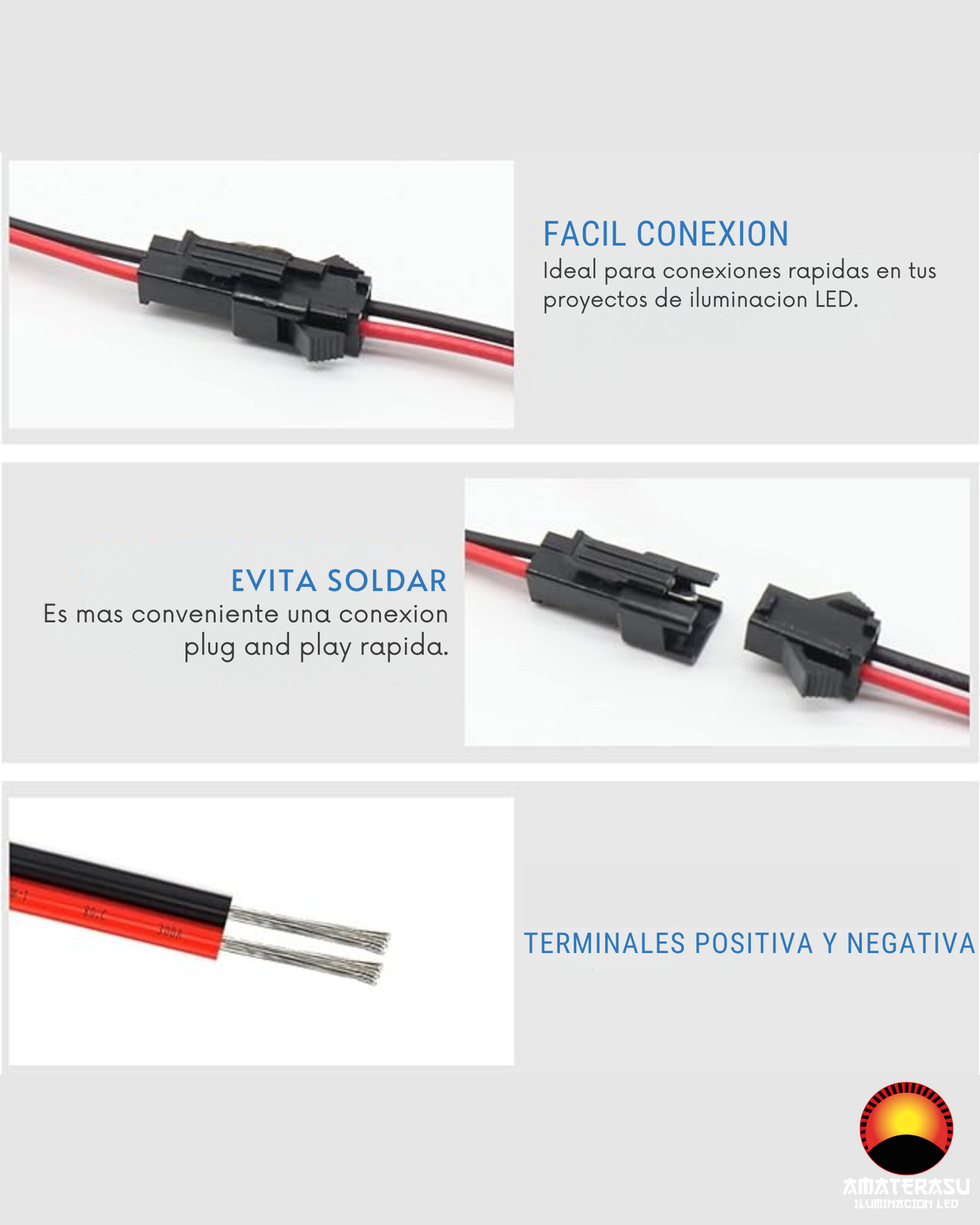 Arnés Conector 2 Pines Tira LED Macho - Hembra Universal JST | Conector rápido JST 2.54 para Tira de LED 2 cables