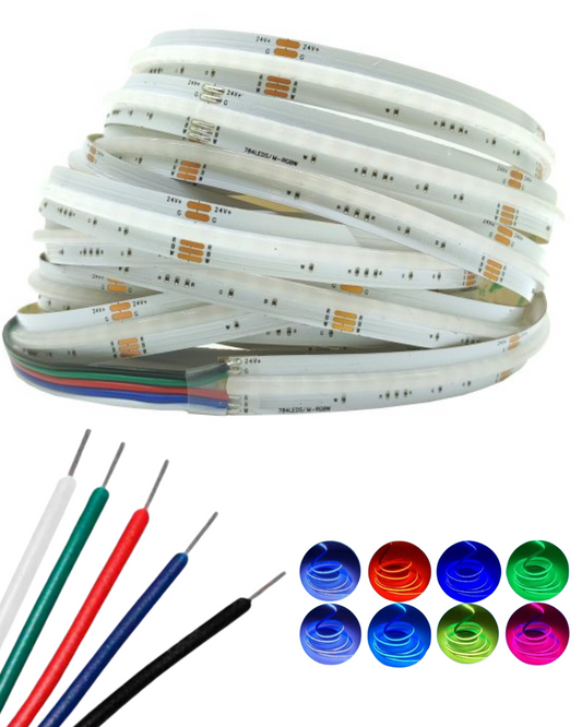 Tira LED COB RGBW 24V DC | Rollo 5 metros Tira LED RGBW para decoraciones en interior | Próximamente descontinuado