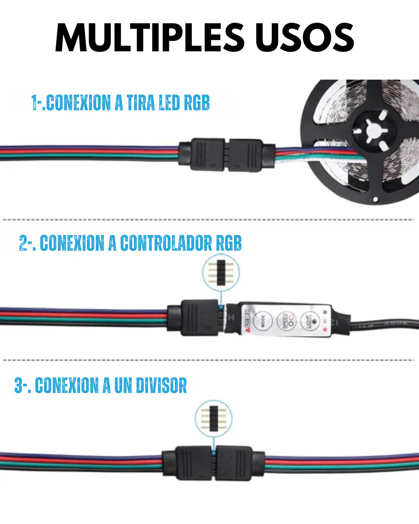 Conector para tira de LED RGB multicolor | Cable conector macho - hembra RGB 4 cables