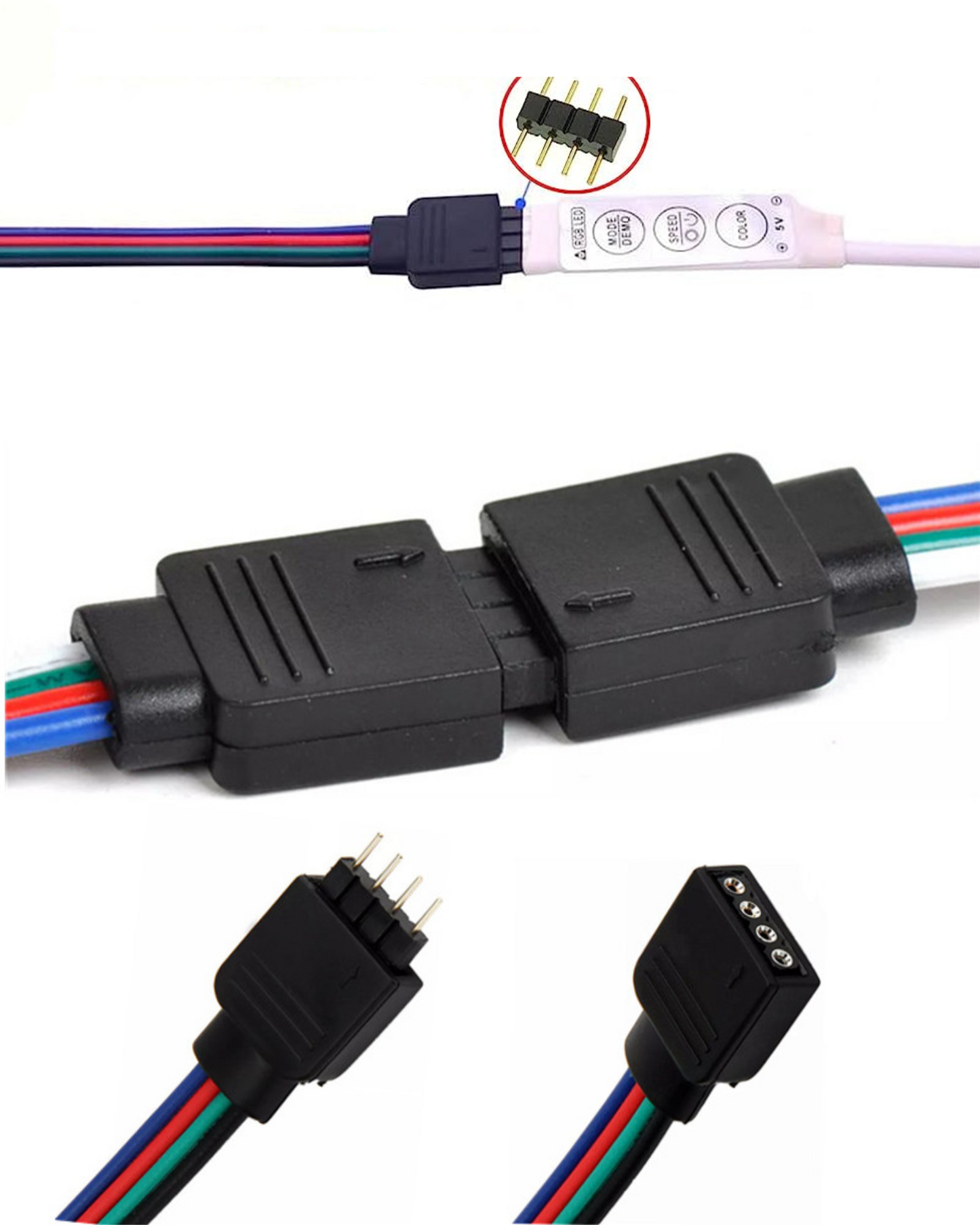 Conector para tira de LED RGB multicolor | Cable conector macho - hembra RGB 4 cables