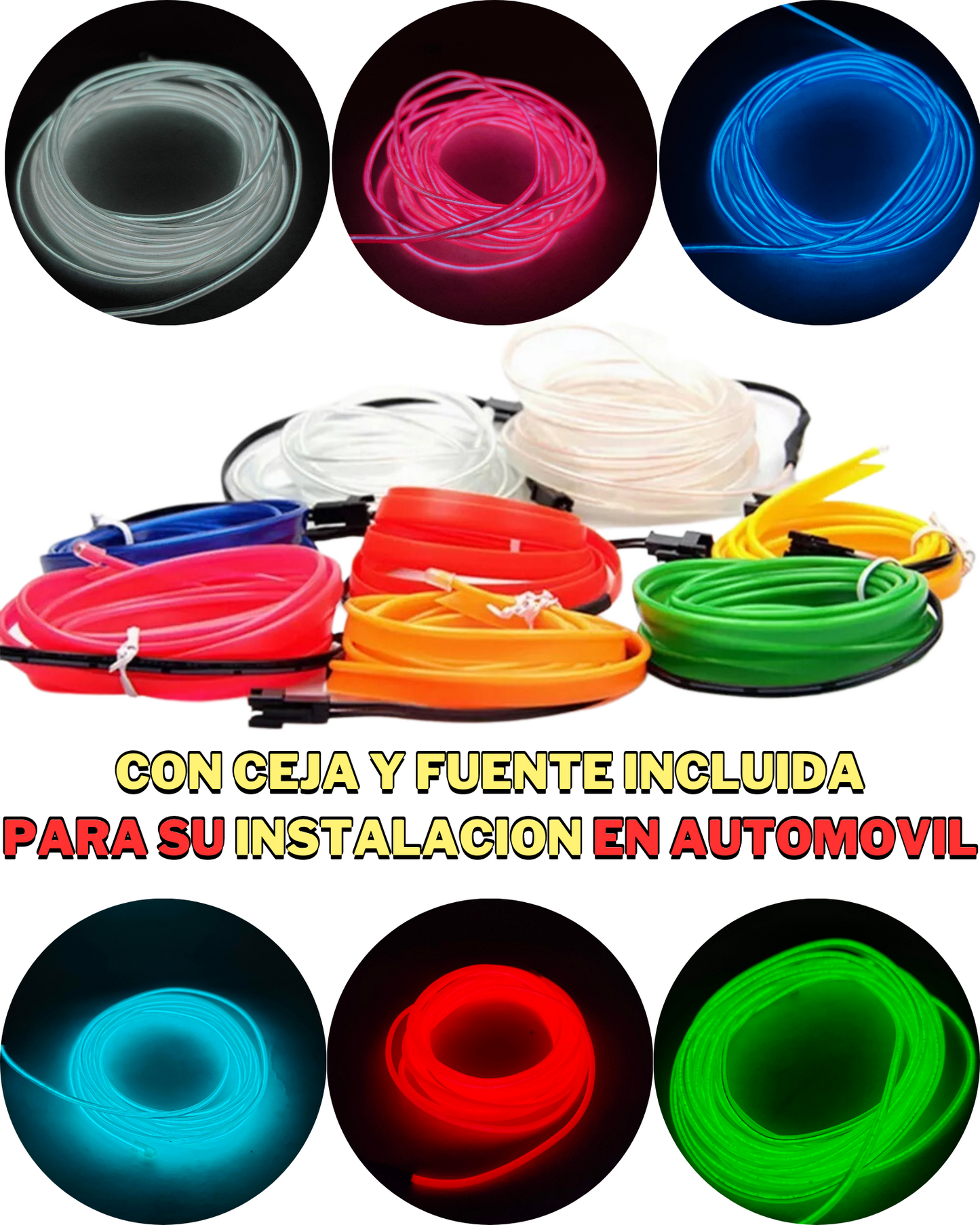 Hilo neón para coche con ceja para instalación | Hilo luminoso decorativo 3 metros 12V