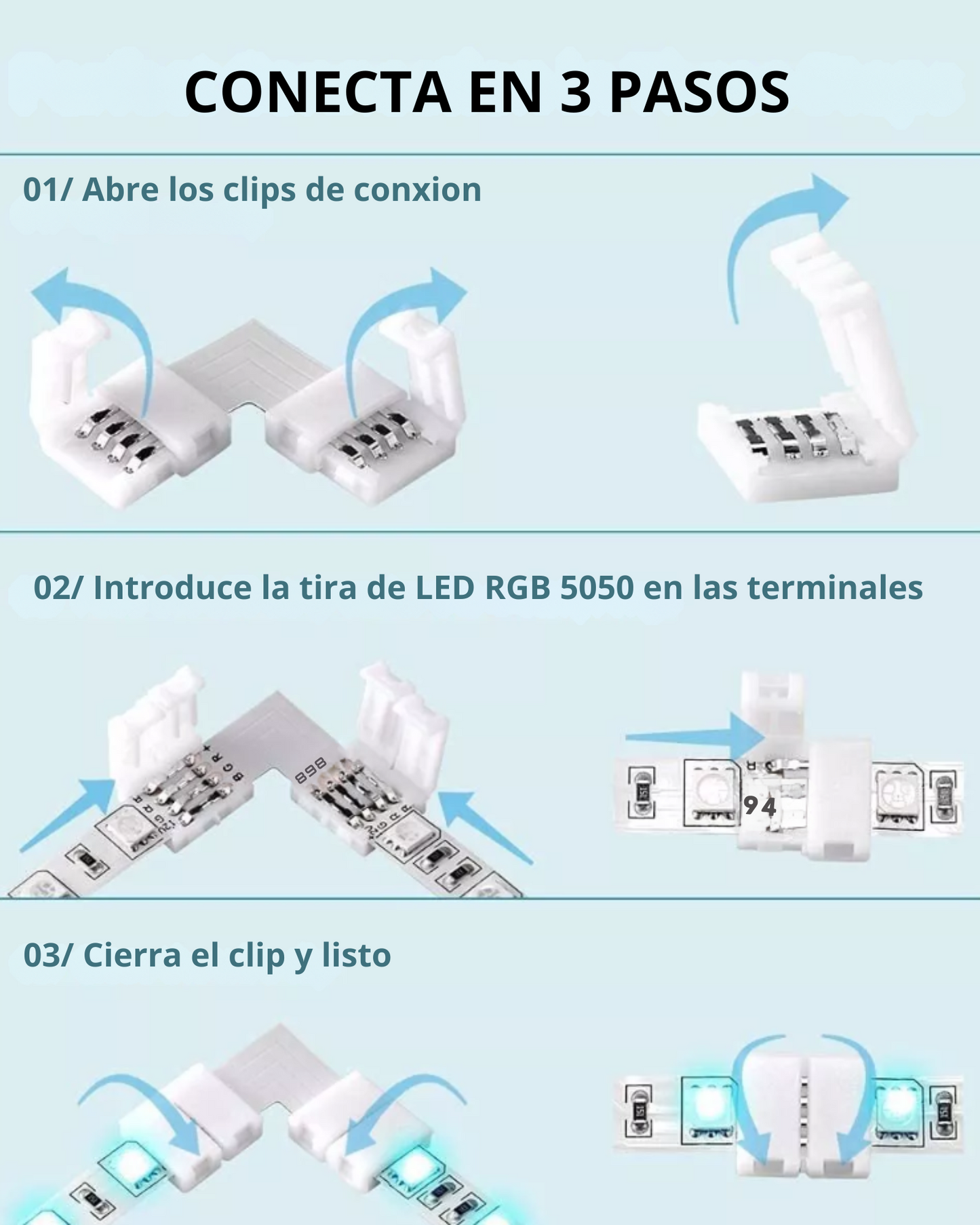 Cople para tira de LED RGB multicolor | Cople tipo X T L | Empalme tira led