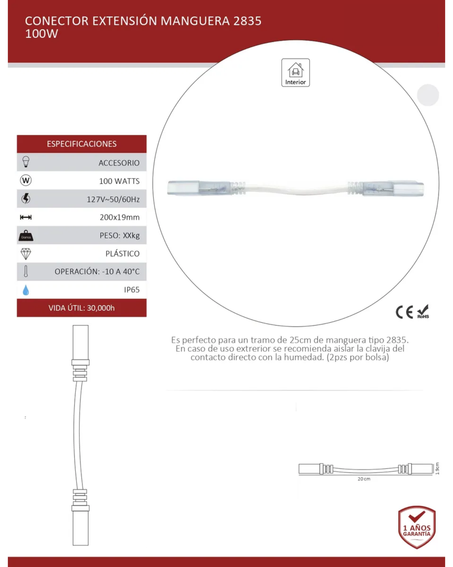 Conector con cable para Manguera LED 7mm | Cople empalme con cable para Manguera LED Neonflex