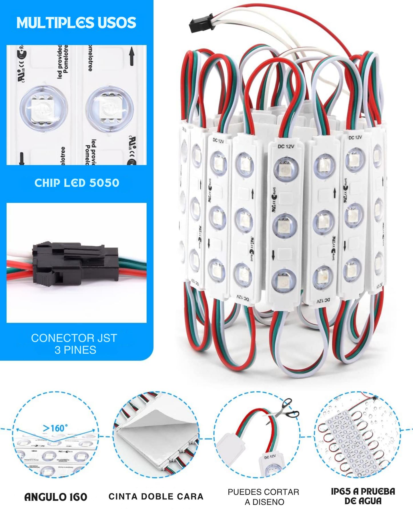 Modulo LED Pixel programable 12V SMD 5050 IP65 | Modulo 3 focos WS2811 | Tira 20 módulos con conectores JST