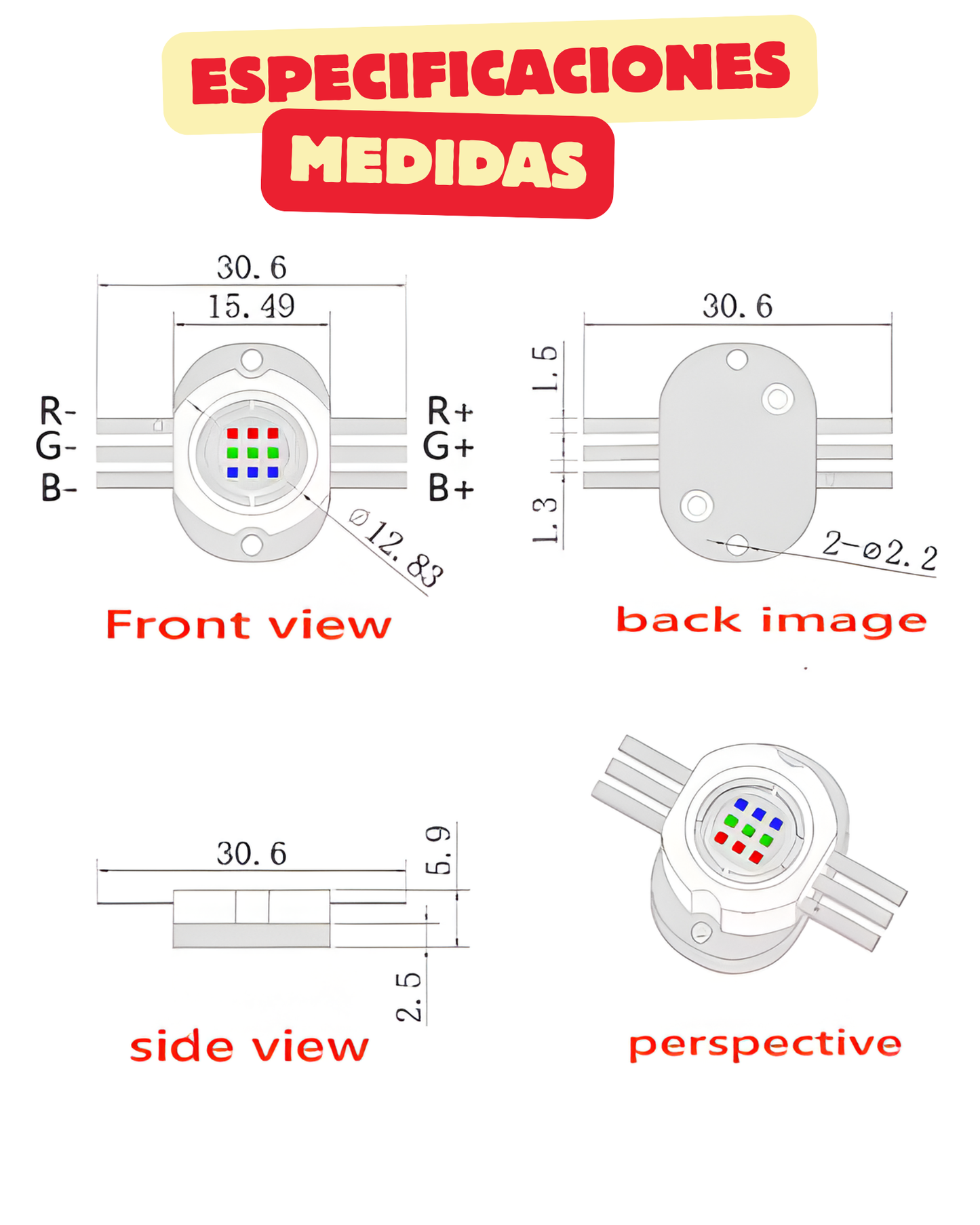 Chip LED de potencia 10W RGB 6 pines | Pastilla LED RGB