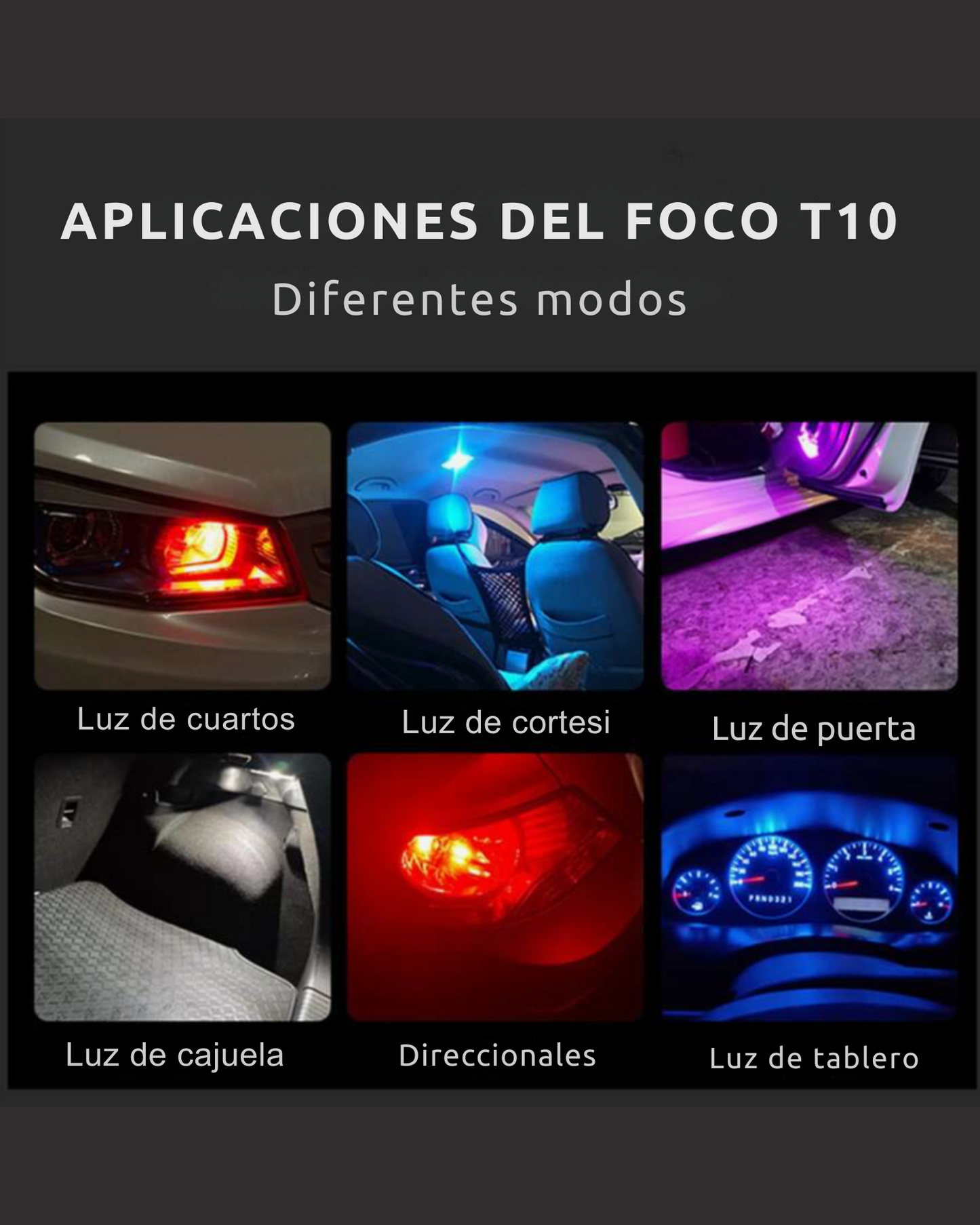 Foco LED pellizco automotriz tipo COB T10 | Foco para coche diferentes colores