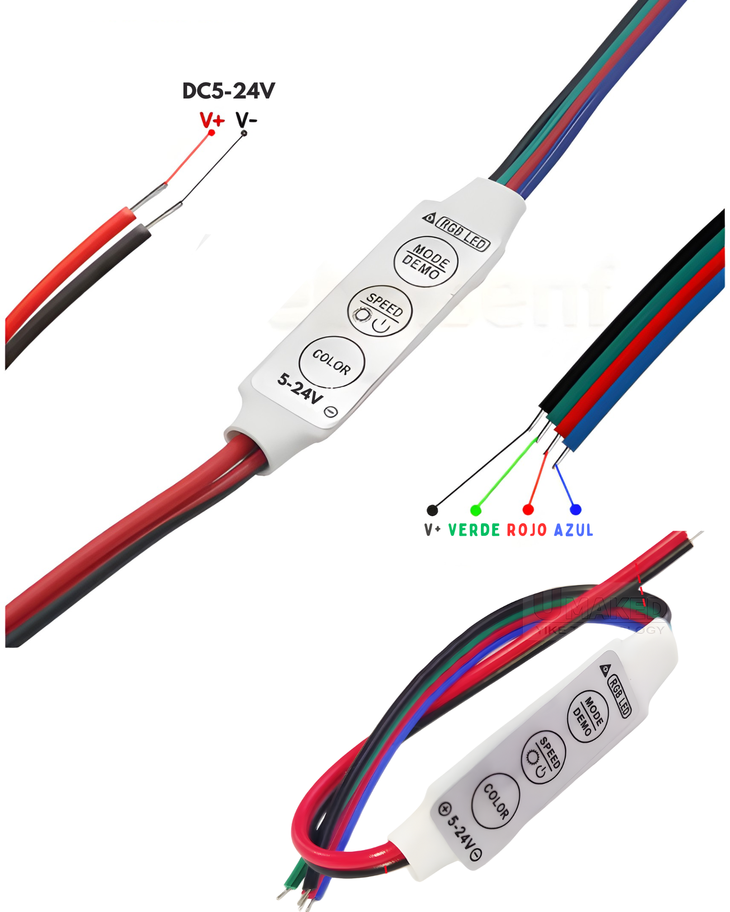 Dimmer destellador para tira de LED RGB | Control manual regulador 4 cables RGB 5 a 24V DC