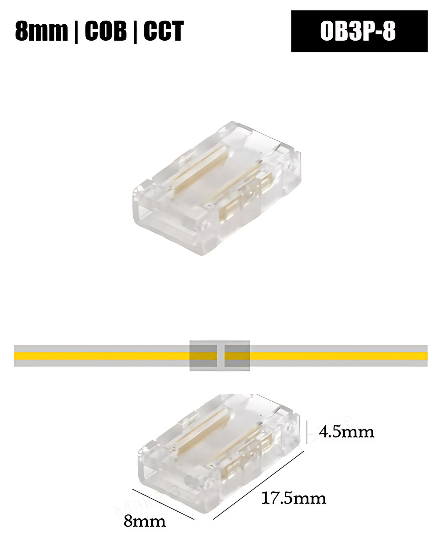 Conector transparente para tira LED COB 8mm | Cople empalme para Tira LED 3 pines COB