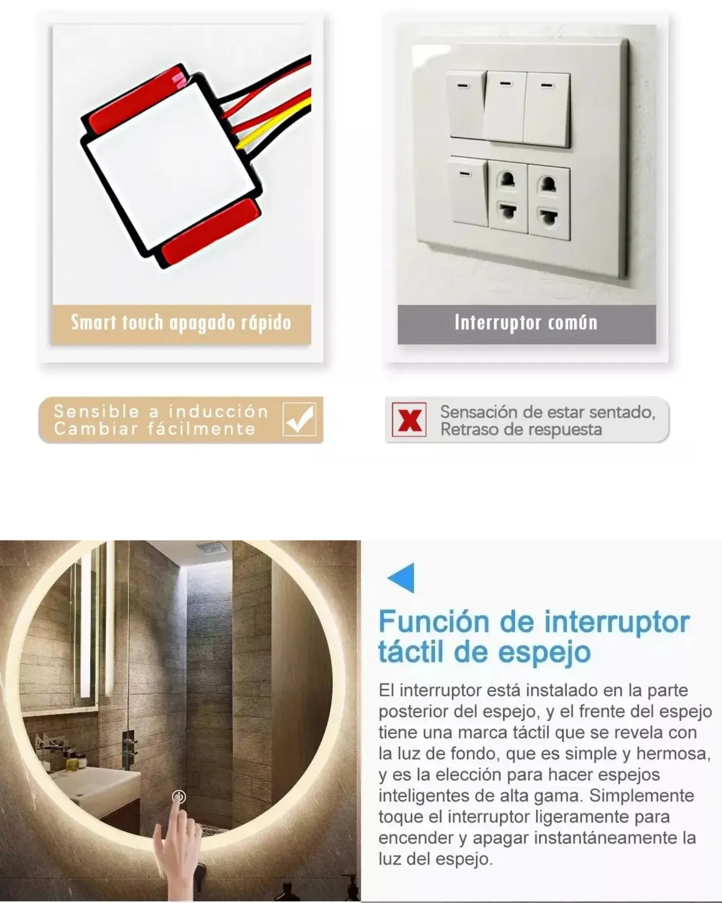 Switch touch para luz led de espejo | Apagador dimmer táctil para espejo de tocador, baño y closet