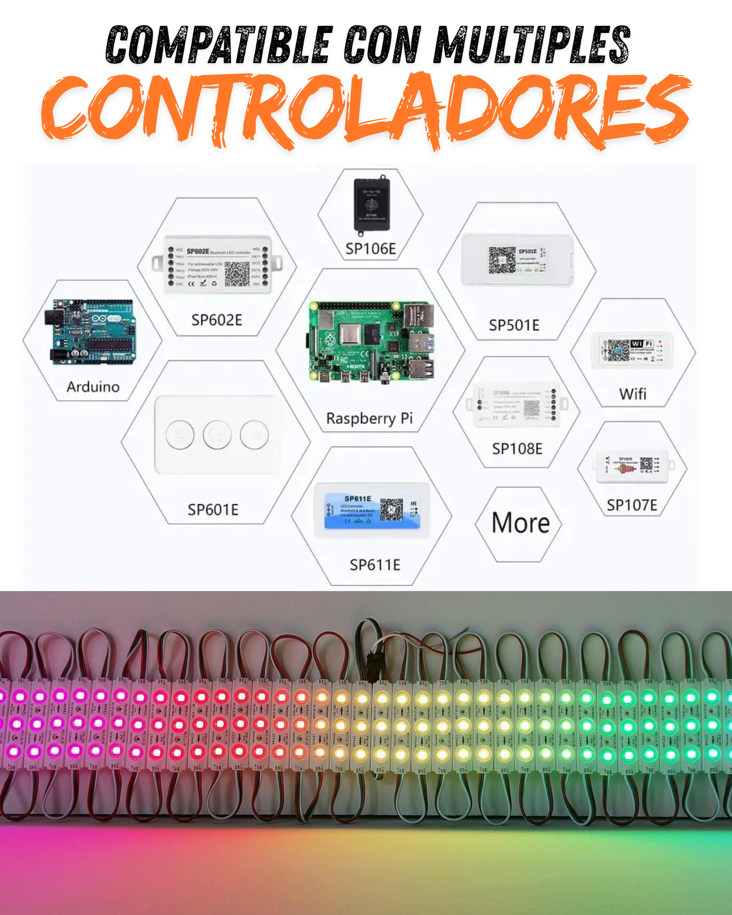 Modulo LED Pixel programable 12V SMD 5050 IP65 | Modulo 3 focos WS2811 | Tira 20 módulos con conectores JST