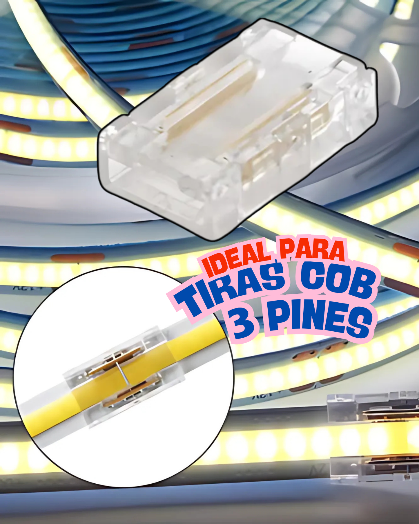 Conector transparente para tira LED COB 8mm | Cople empalme para Tira LED 3 pines COB