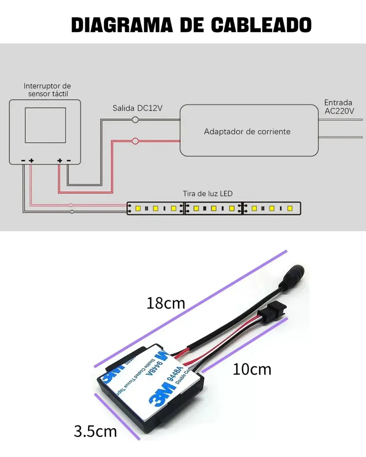 Switch touch para luz led de espejo | Apagador dimmer táctil para espejo de tocador, baño y closet