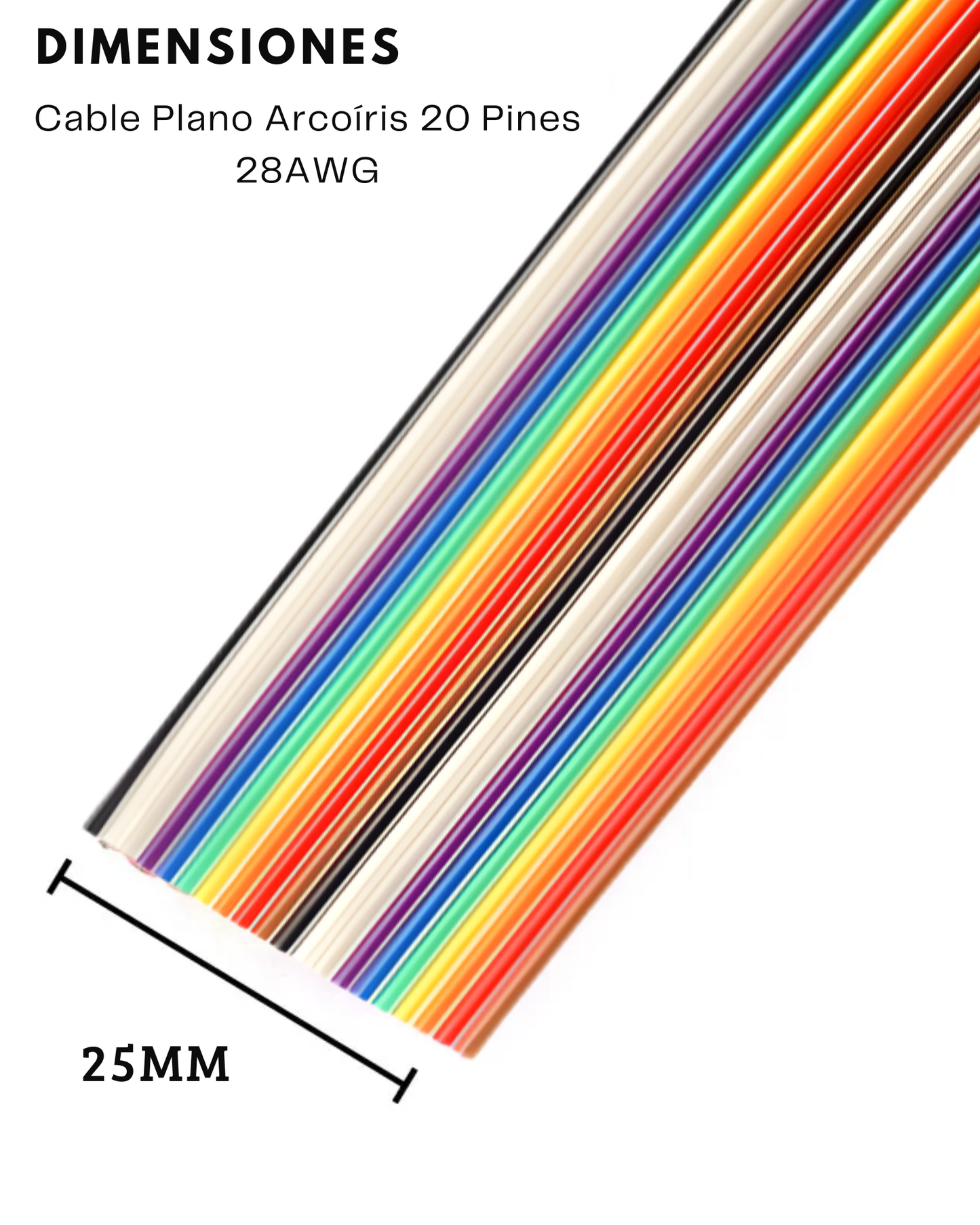 Cable plano arcoíris 20 vías 28AWG | Cable Ribbon multicolor Pitch estándar 20 hilos