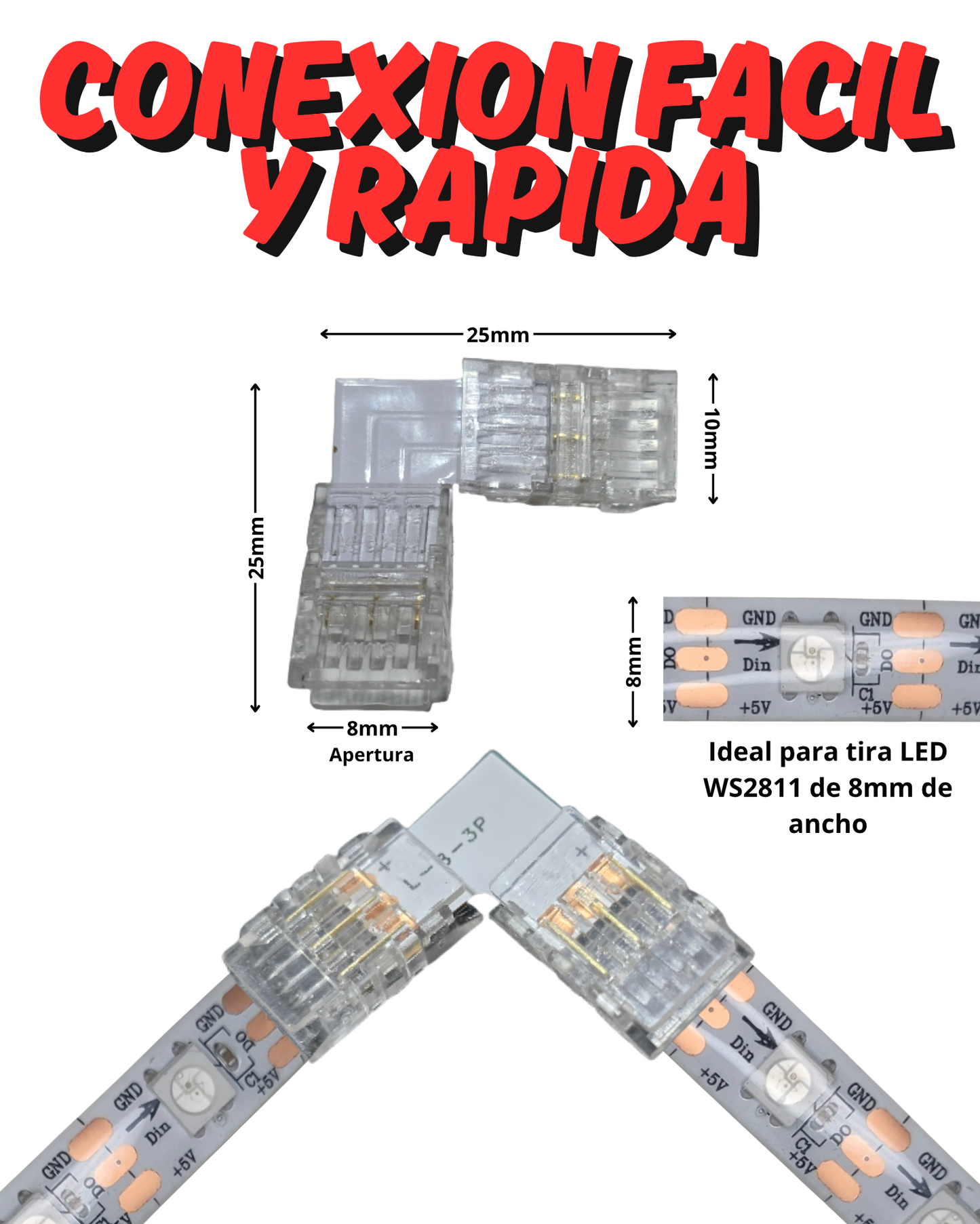 Conector transparente para Pixel LED 8mm | Cople empalme para Tira LED 3 pines WS2812B