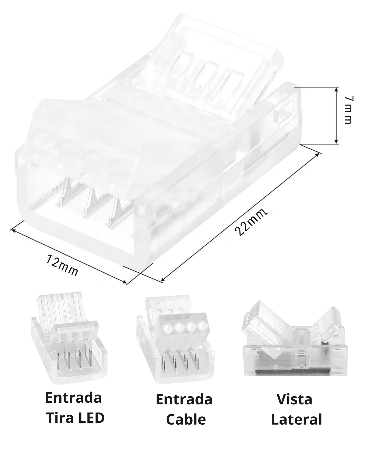 Conector transparente para Tira LED RGB 8mm | Cople empalme sin soldar para Tira de LED RGB 5050