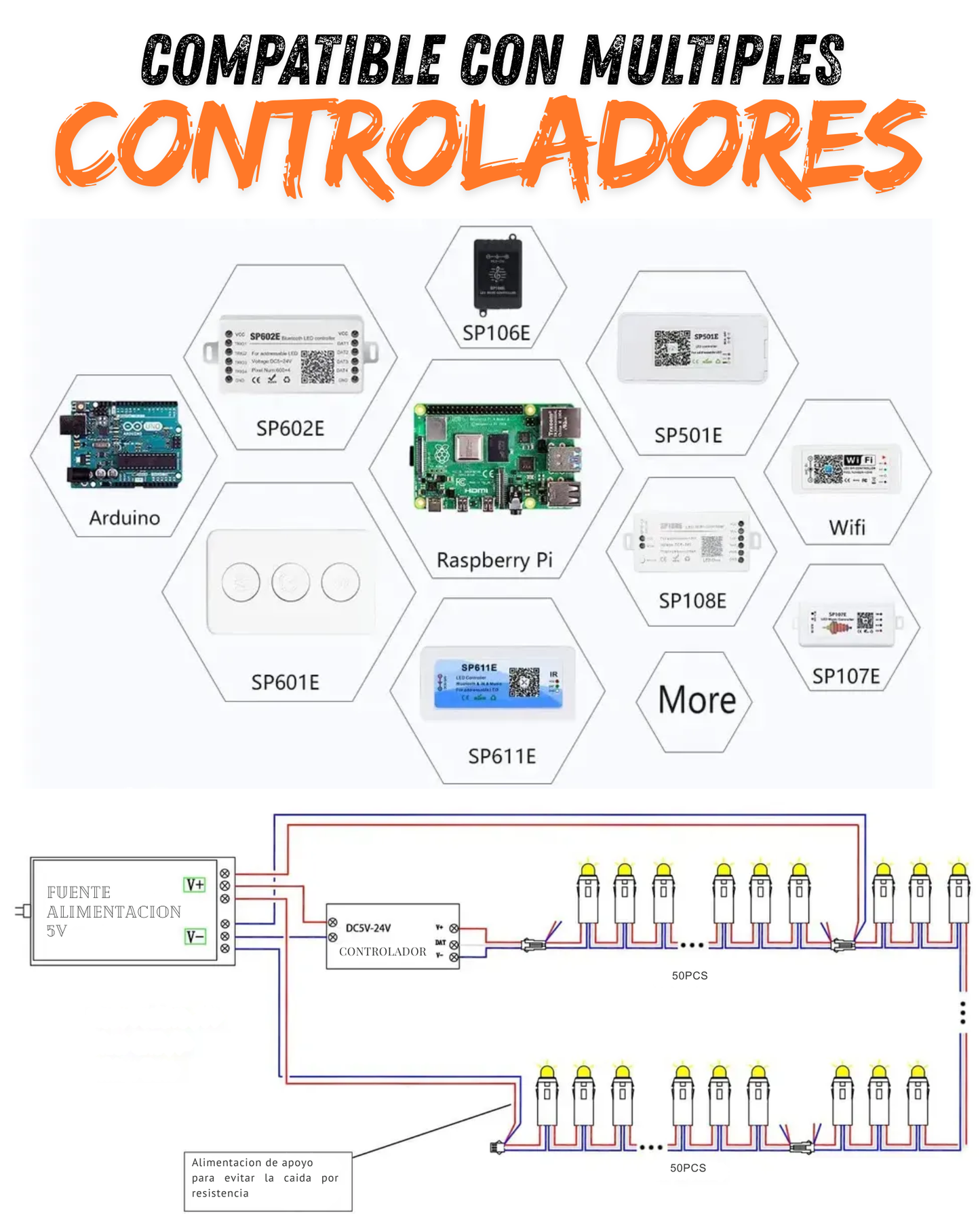 Foco Pixel LED RGB WS2811B 12mm | Tira 50 focos tipo bala 5V programables Neopixel Impermeable IP65