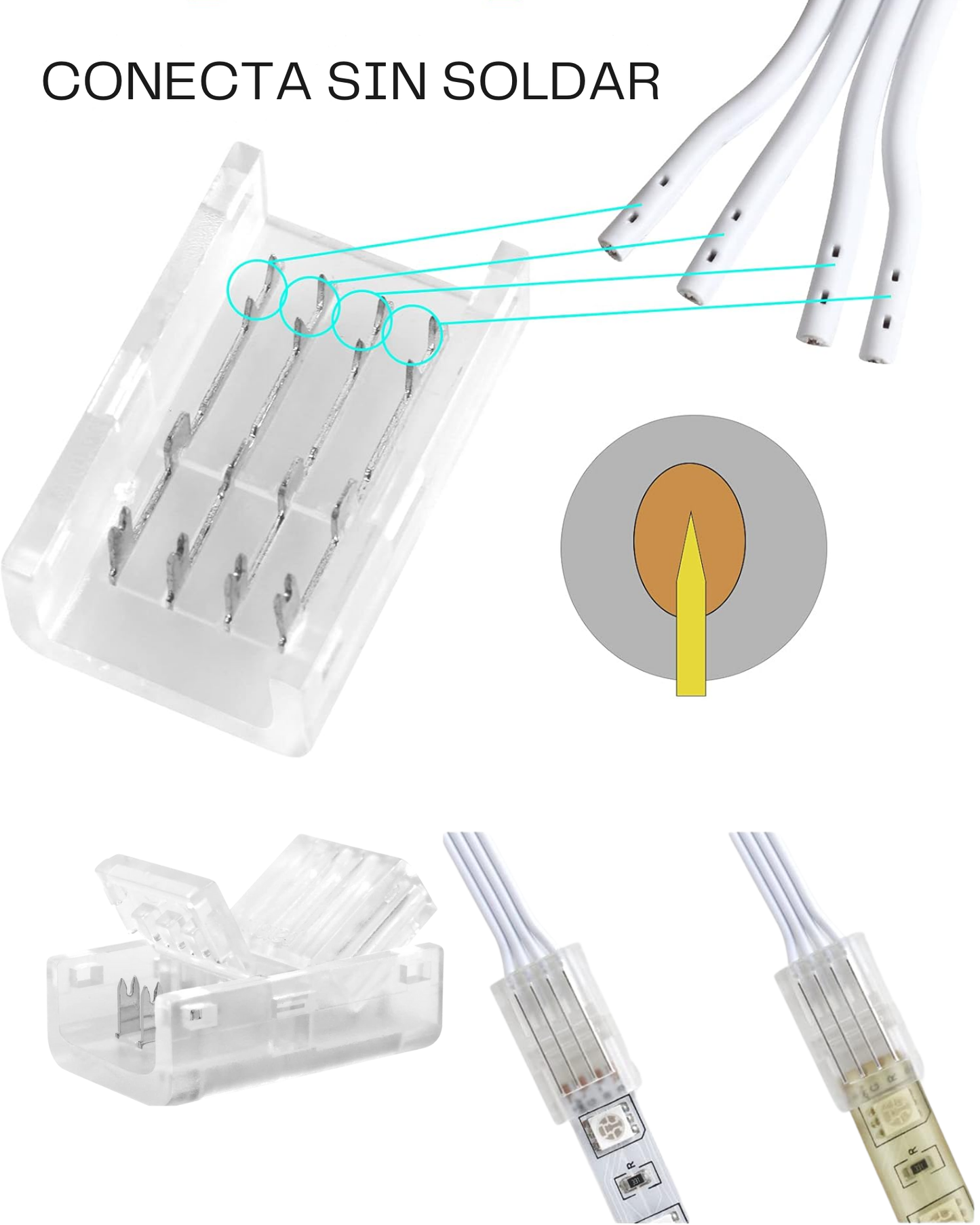Conector transparente para Tira LED RGB 8mm | Cople empalme sin soldar para Tira de LED RGB 5050