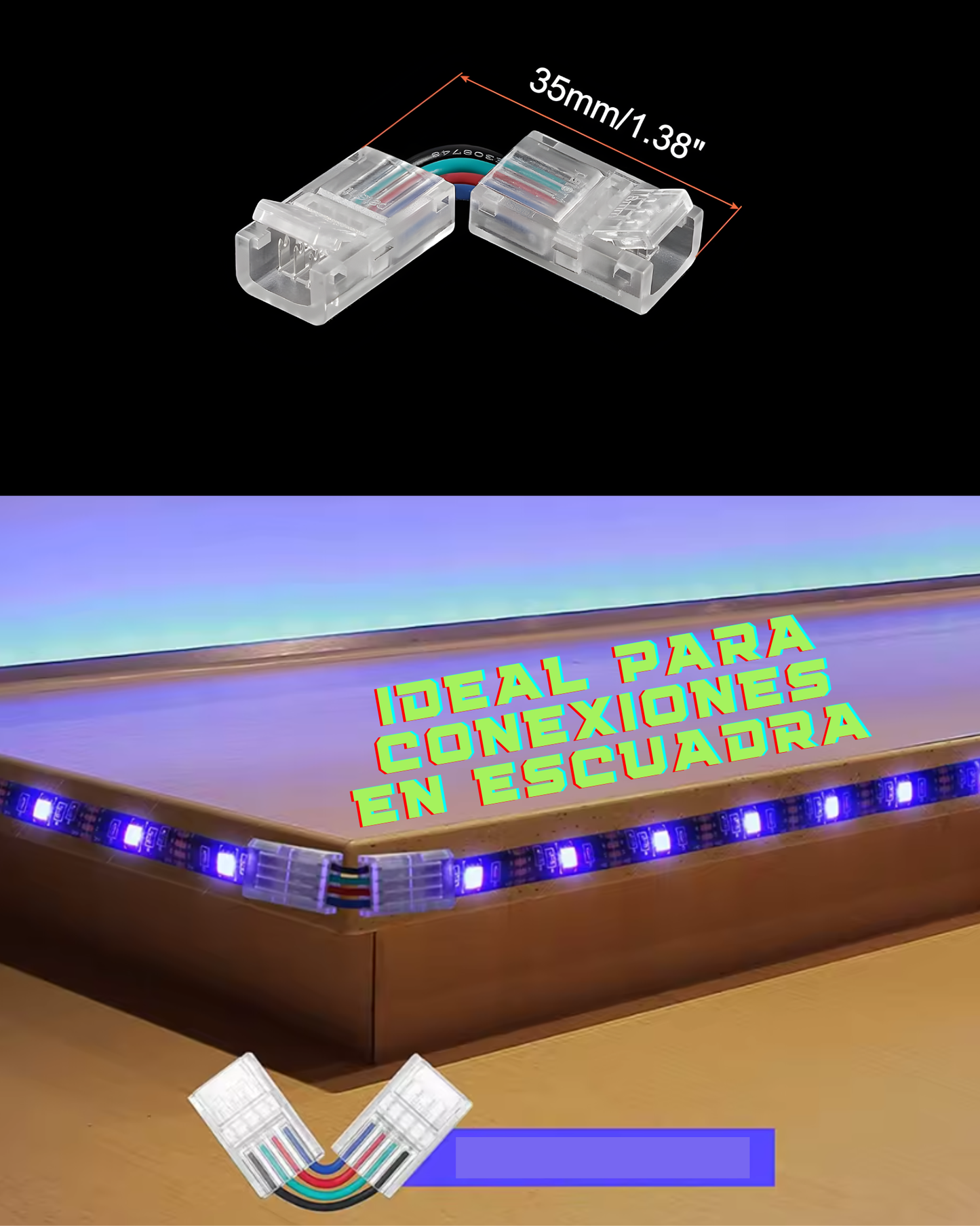 Cople en escuadra para Tira LED RGB 5050 | Conector rápido en L 10mm con cable