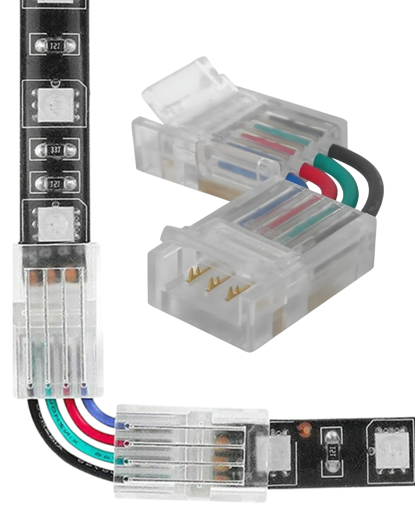 Cople en escuadra para Tira LED RGB 5050 | Conector rápido en L 10mm con cable