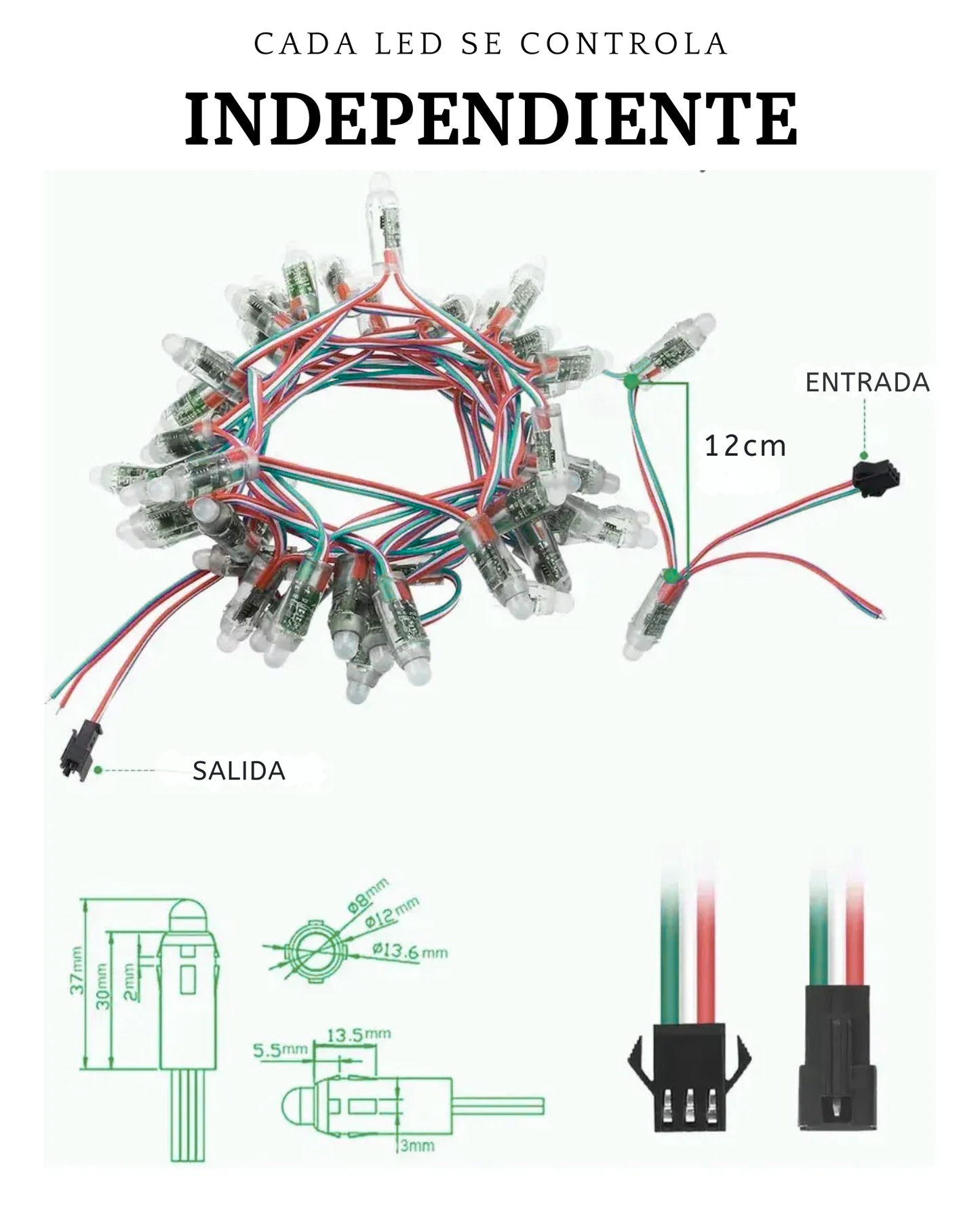 Foco Pixel LED RGB WS2811B 12mm | Tira 50 focos tipo bala 5V programables Neopixel Impermeable IP65