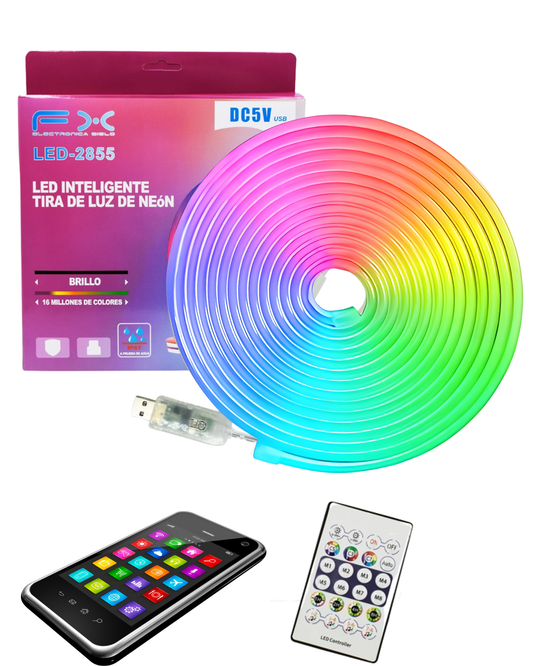 Tira de LED Inteligente Neonflex USB 5V | Tira Neón mágica 5 metros | Control por Bluetooth con App de celular