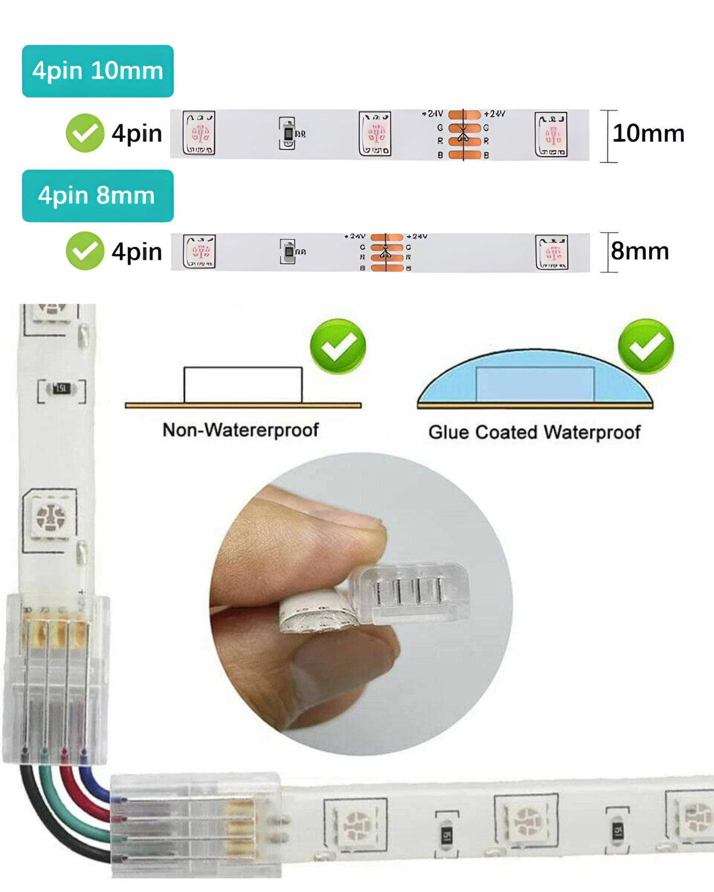 Cople en escuadra para Tira LED RGB 5050 | Conector rápido en L 10mm con cable