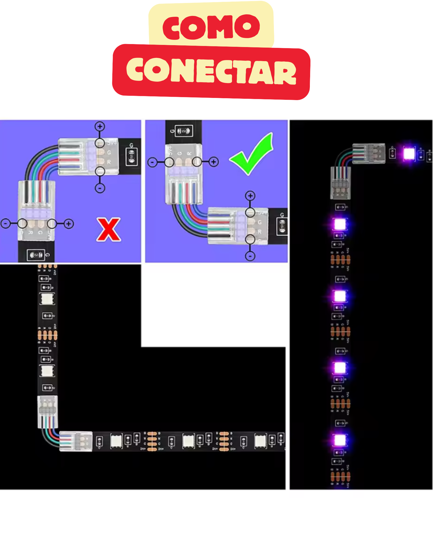 Cople en escuadra para Tira LED RGB 5050 | Conector rápido en L 10mm con cable