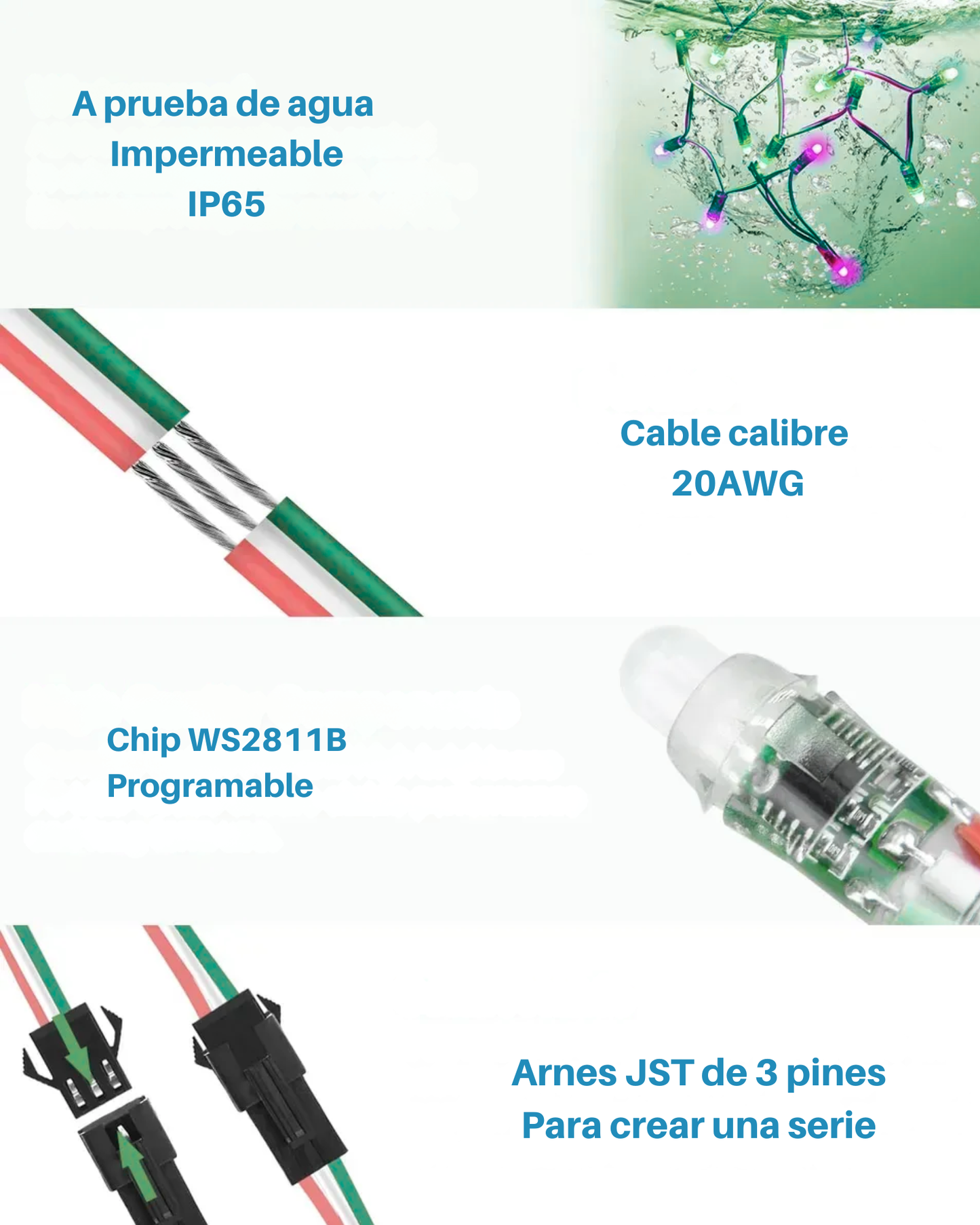 Foco Pixel LED RGB WS2811B 12mm | Tira 50 focos tipo bala 5V programables Neopixel Impermeable IP65