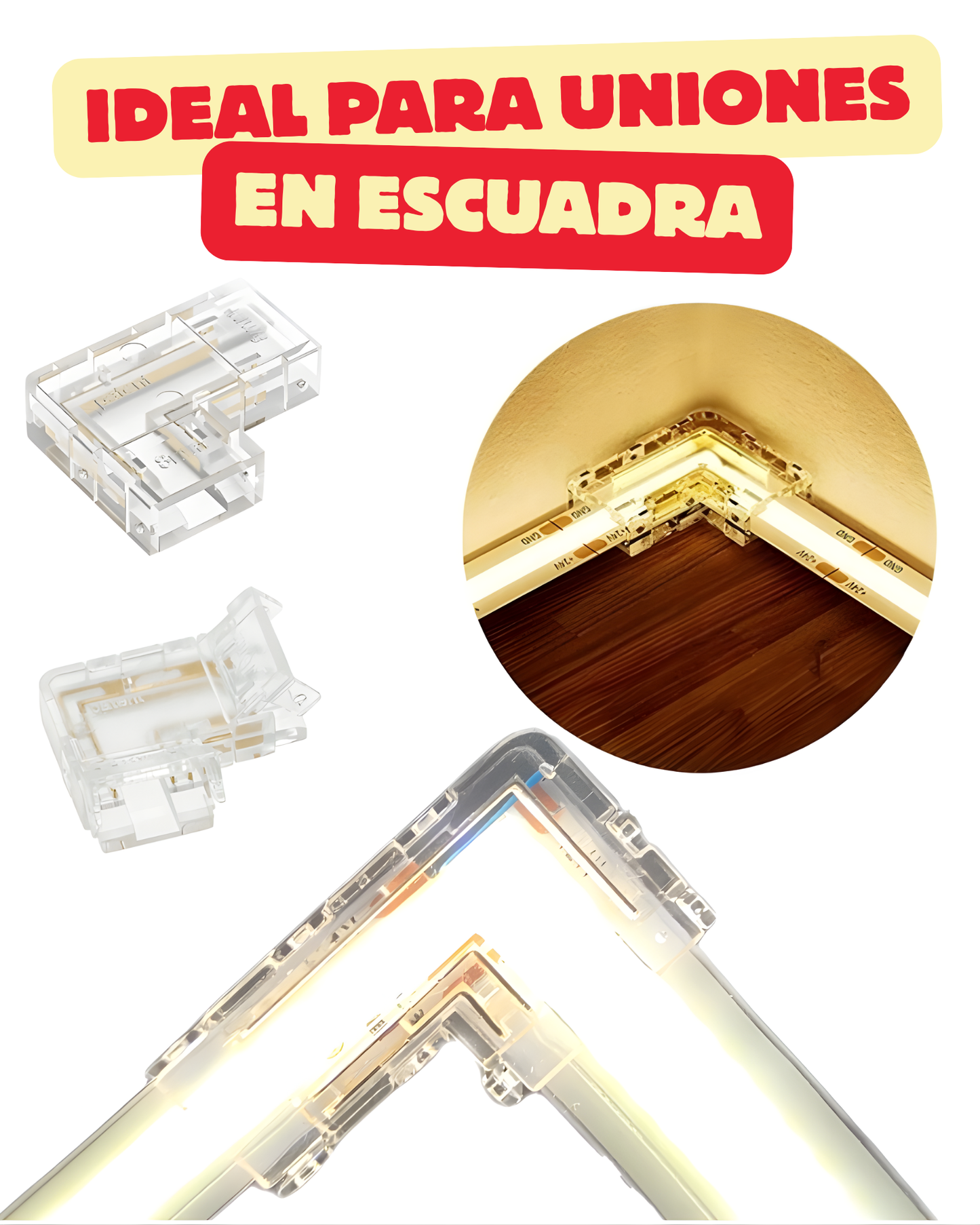 Conector transparente para Tira LED RGB COB 10mm | Cople empalme sin soldar para Tira de LED RGB COB