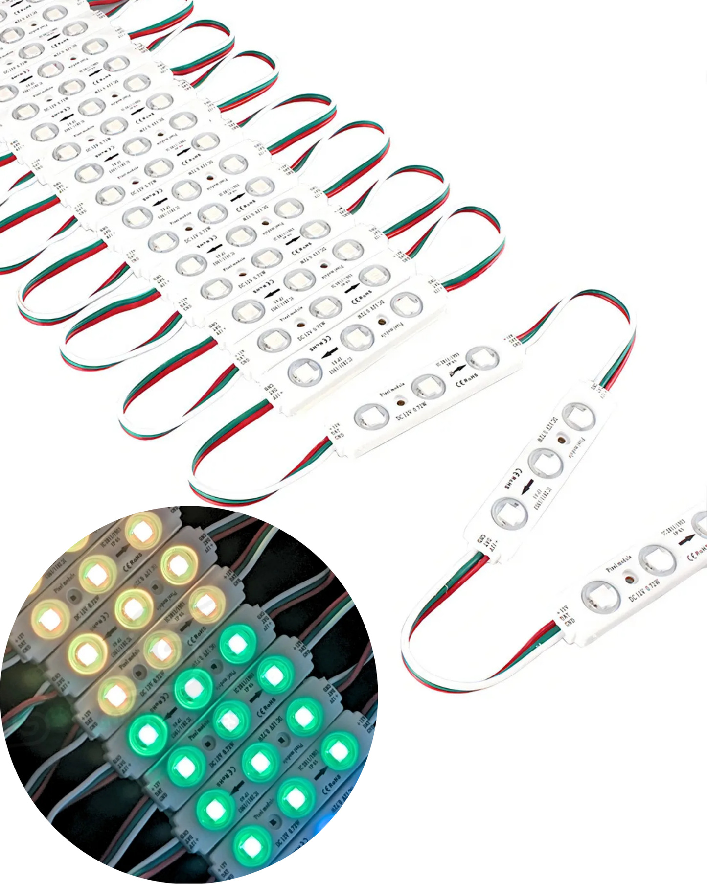 Modulo LED Pixel programable 12V SMD 5050 IP65 | Modulo 3 focos WS2811 | Tira 20 módulos con conectores JST