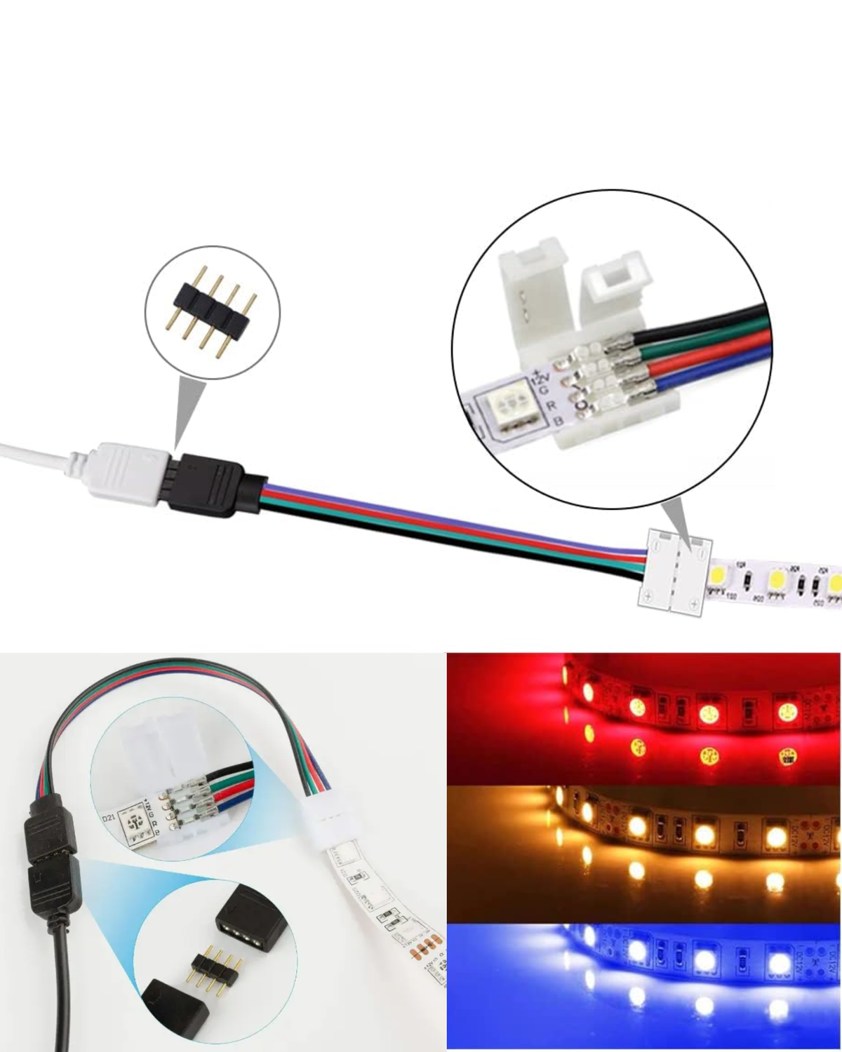 Cople tira LED RGB | Conector RGB 4 pines a grapa